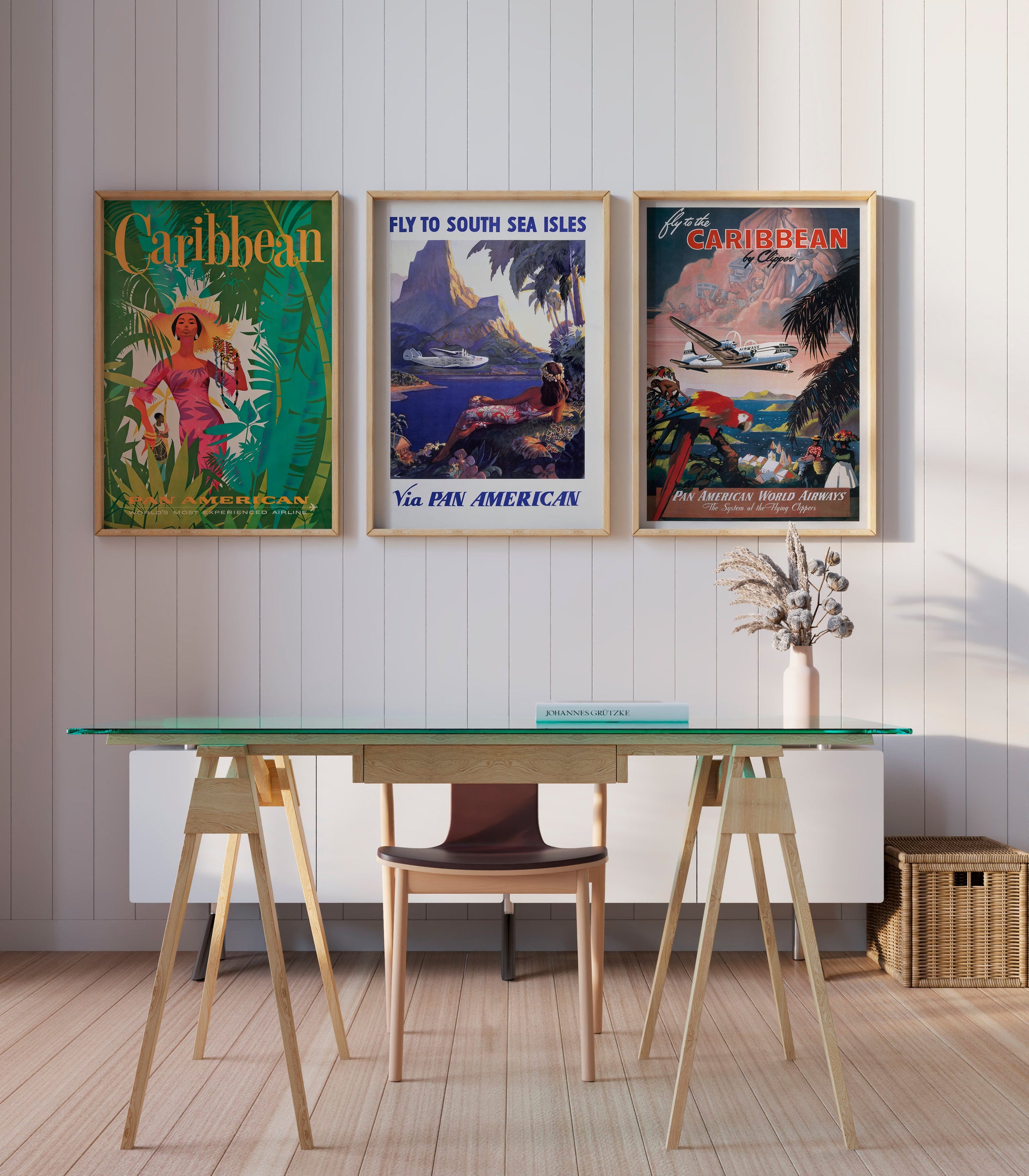 Pan American Caribbean poster set with tropical island and Clipper aircraft artwork for home office wall art