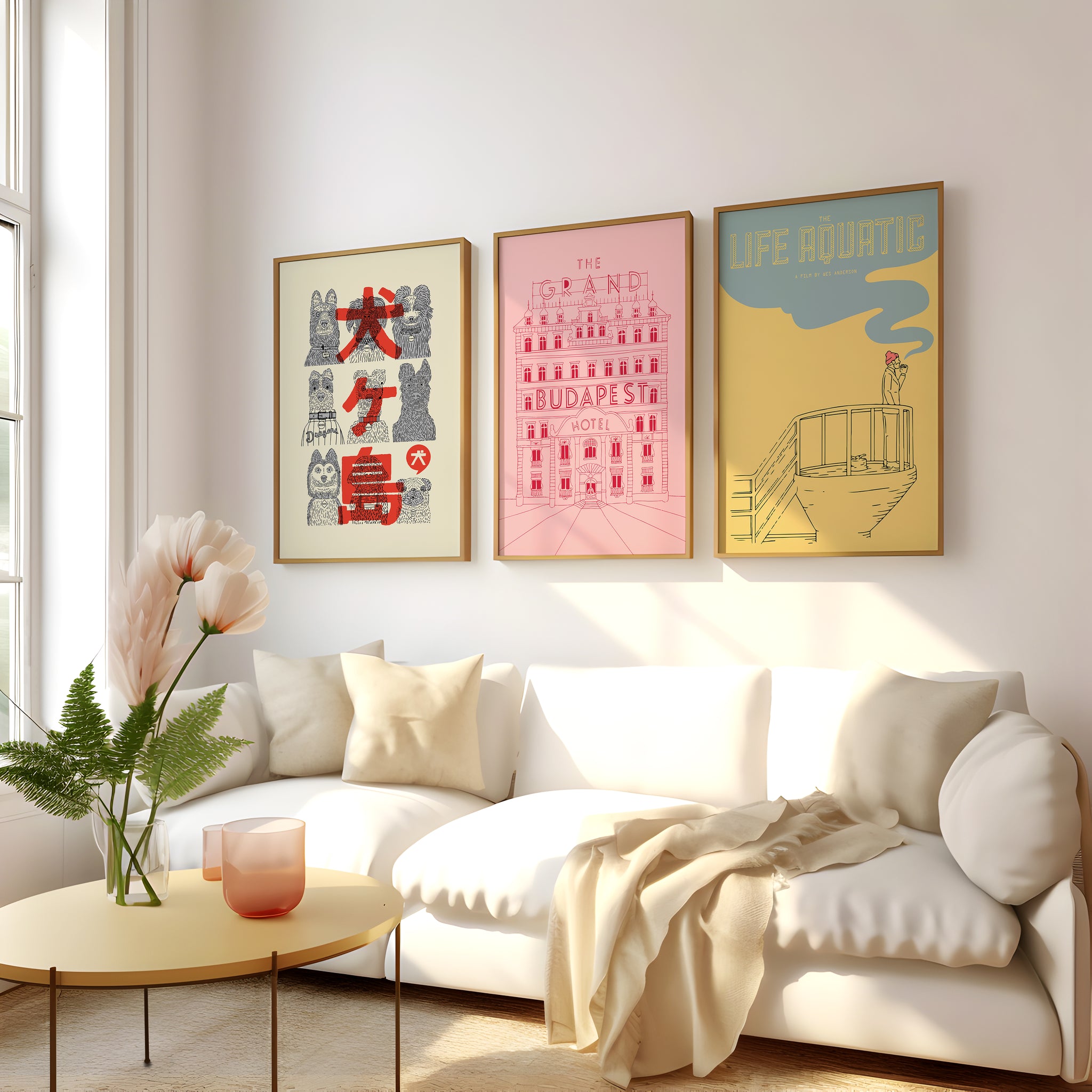 Pastel cinema poster set with Wes Anderson-style movie artwork for living room wall art