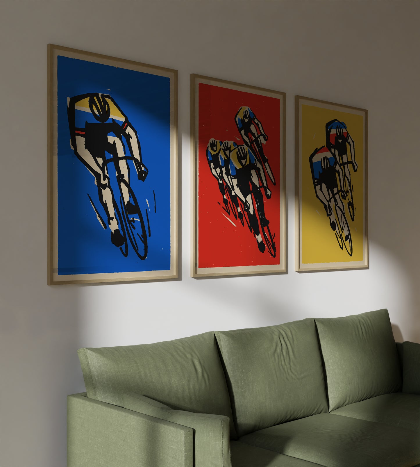 Set of 3 retro cycling posters with road racers for living room wall art