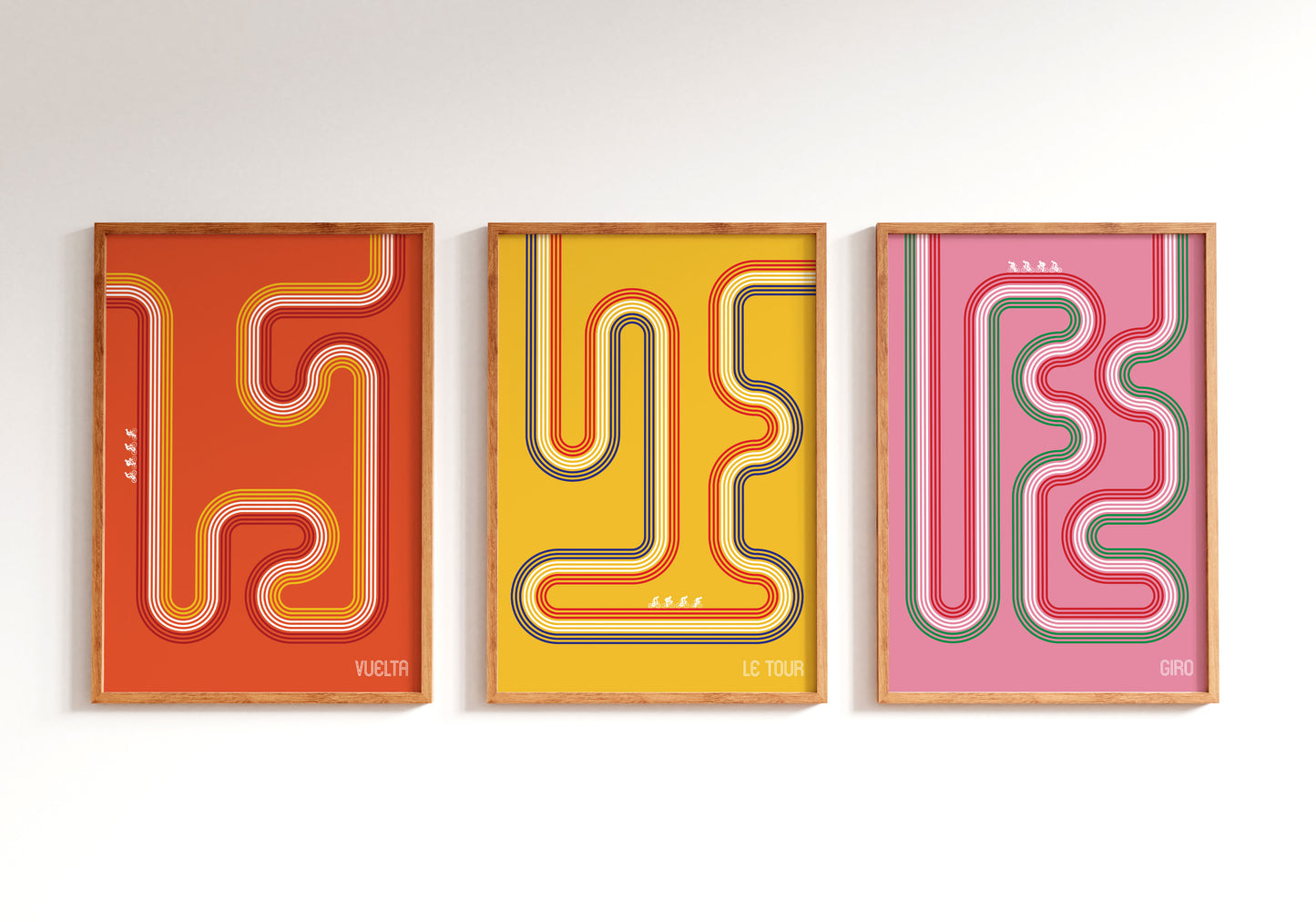 Retro cycling poster set with Vuelta, Le Tour and Giro route line artwork for studio wall art