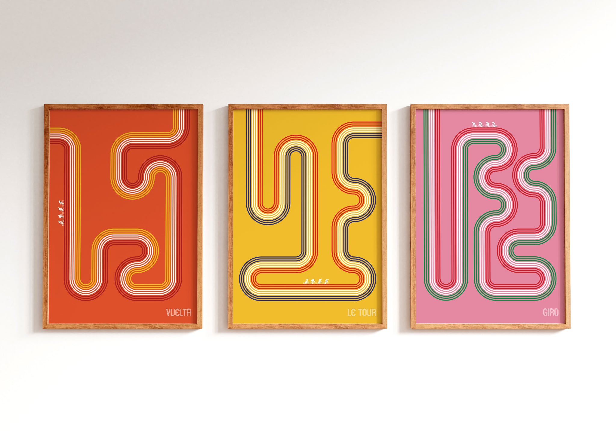 Retro cycling poster set with Vuelta, Le Tour and Giro route line artwork for studio wall art