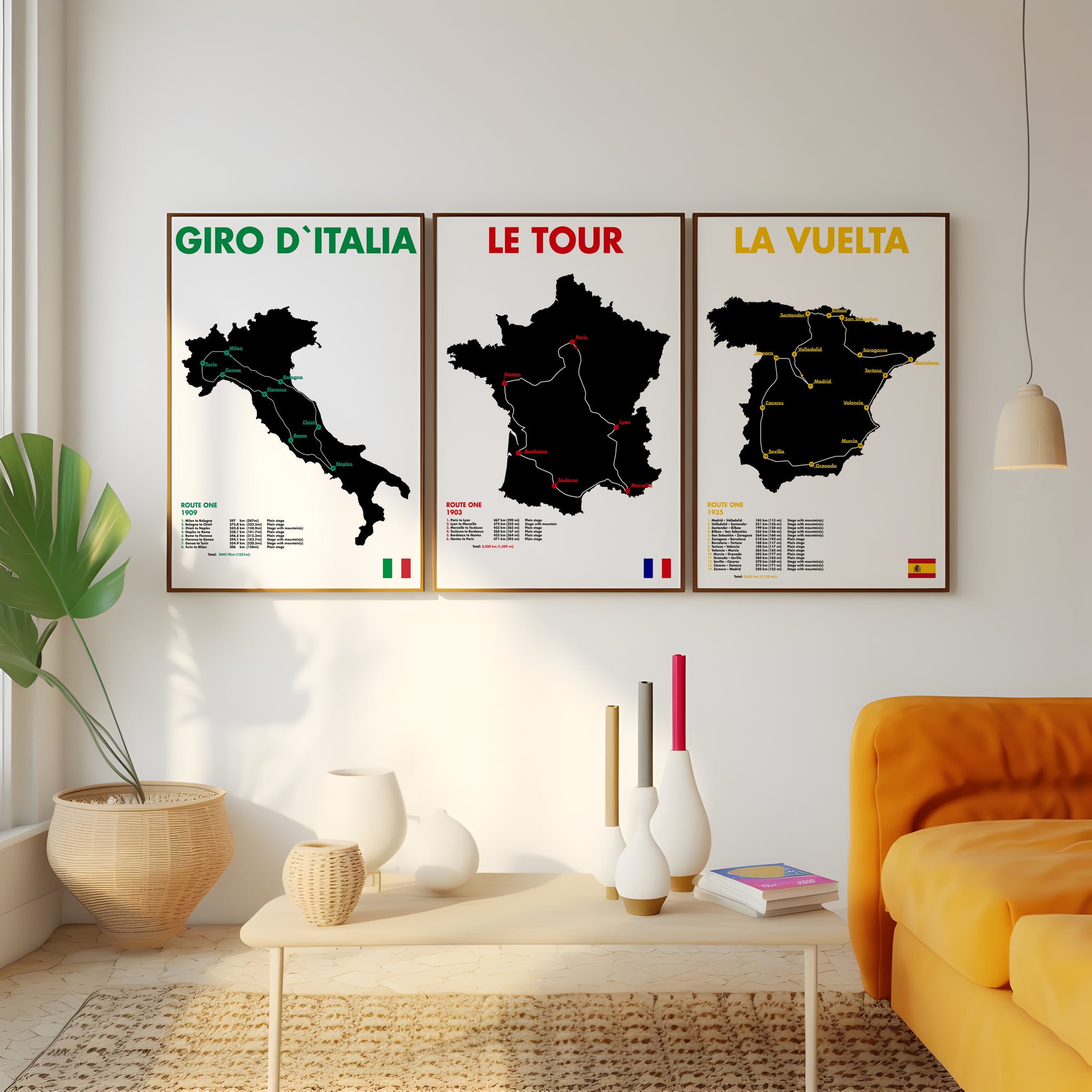 Road cycling map print set with Italy, France and Spain route artwork for gallery wall decor