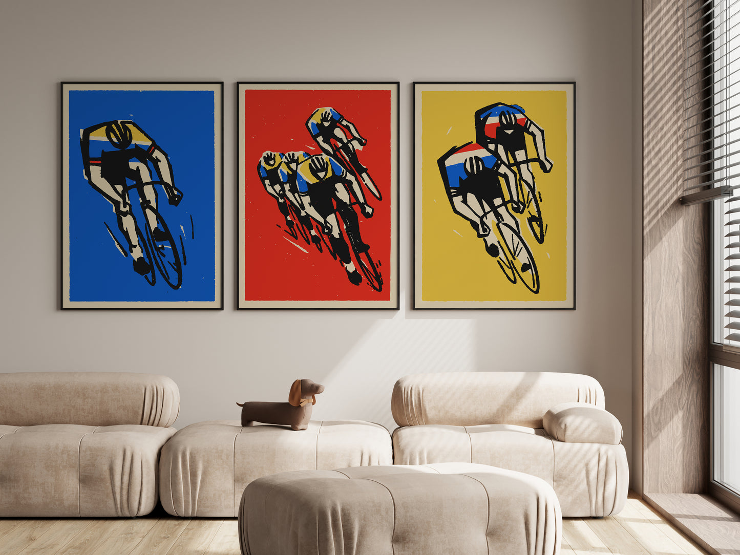 Road cycling poster set with three bold bike racing prints for living room wall art