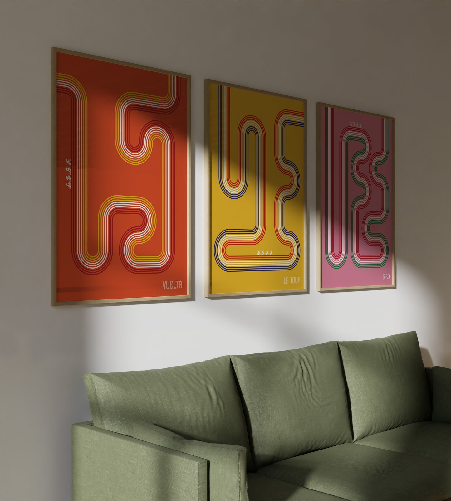 Vuelta, Le Tour and Giro abstract cycling print set for gallery wall art