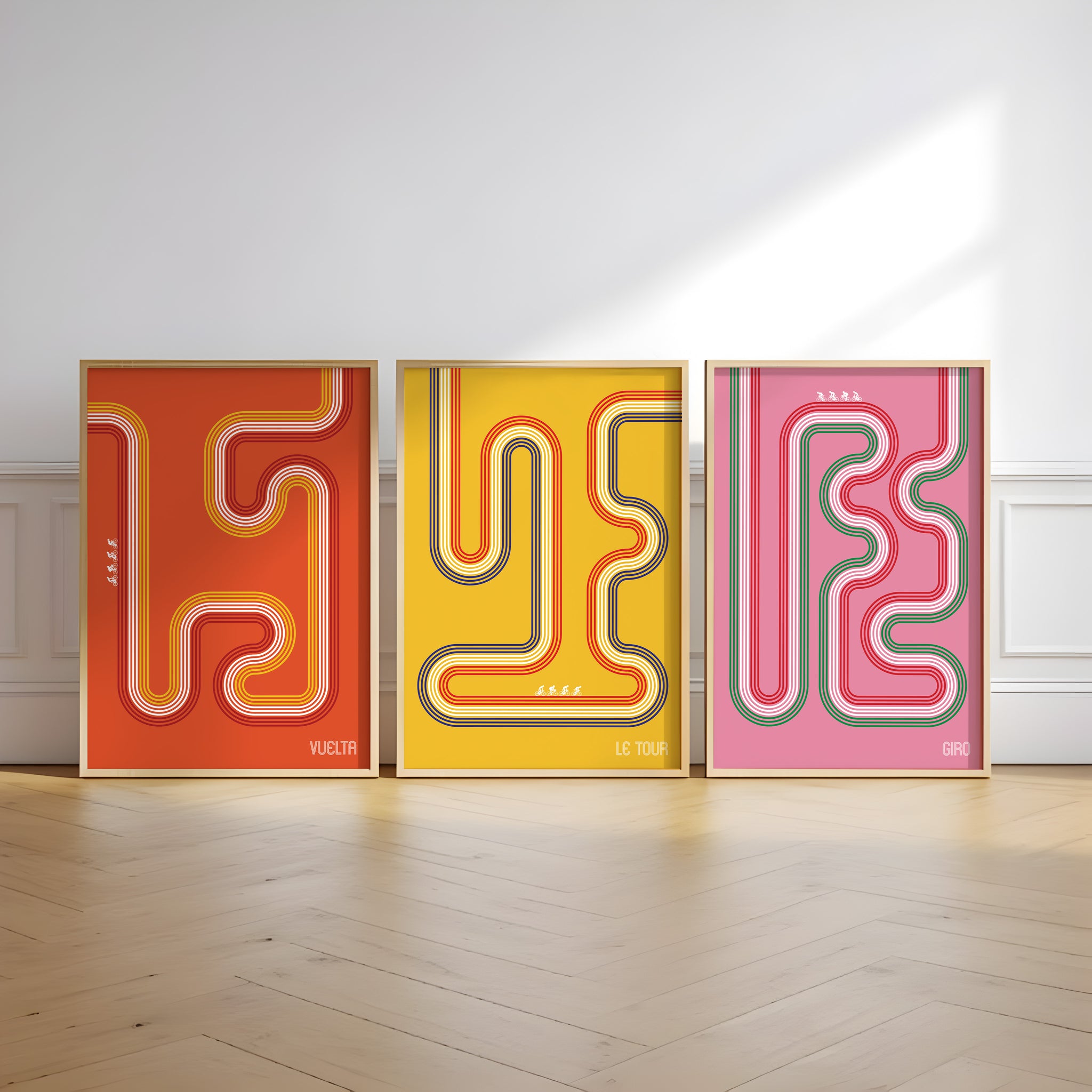 Vuelta, Le Tour and Giro poster set with abstract cycling route lines for gallery wall art