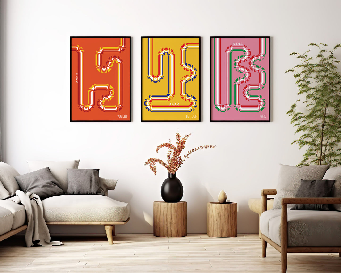 Vuelta, Le Tour and Giro retro cycling poster set for sports room wall art