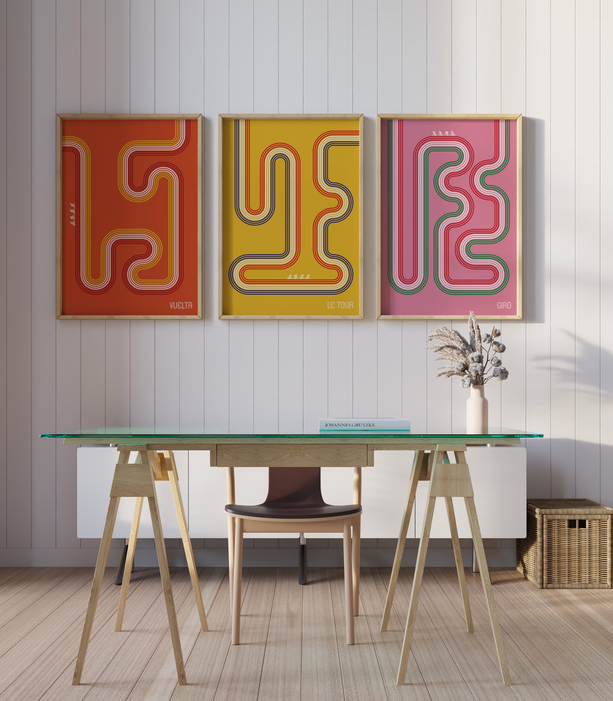 Vuelta, Le Tour and Giro route line poster set for home office wall art