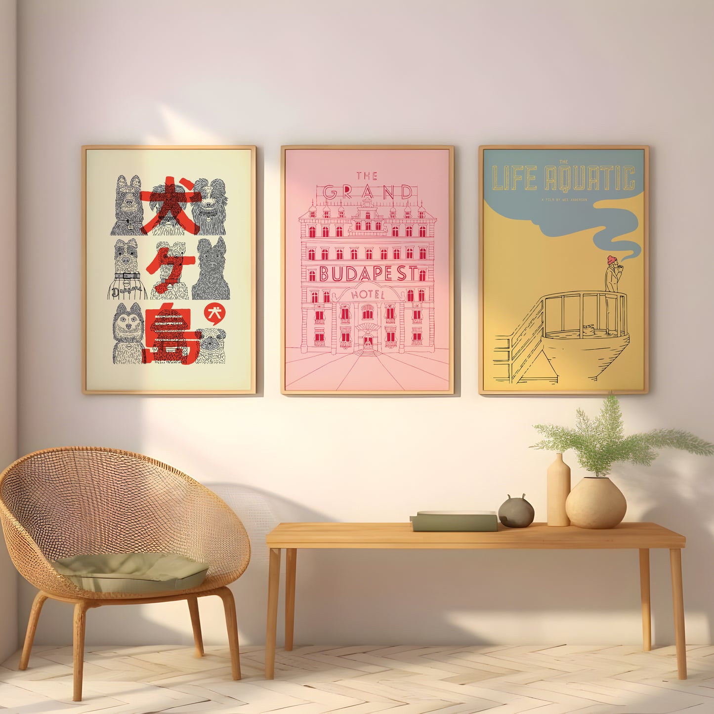 Wes Anderson film poster set with pastel Grand Budapest and Life Aquatic artwork for gallery wall decor