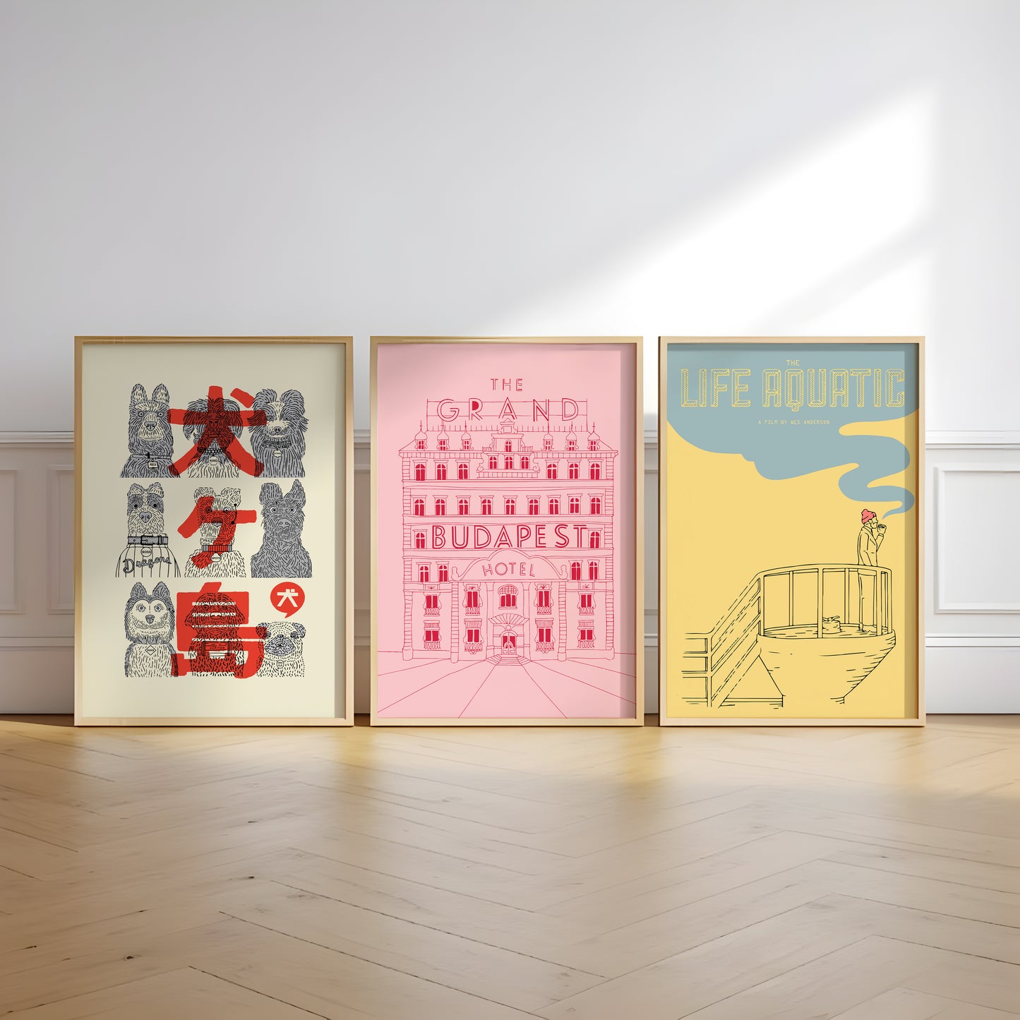 Wes Anderson movie poster set with dog, Grand Budapest and Life Aquatic artwork for living room wall art