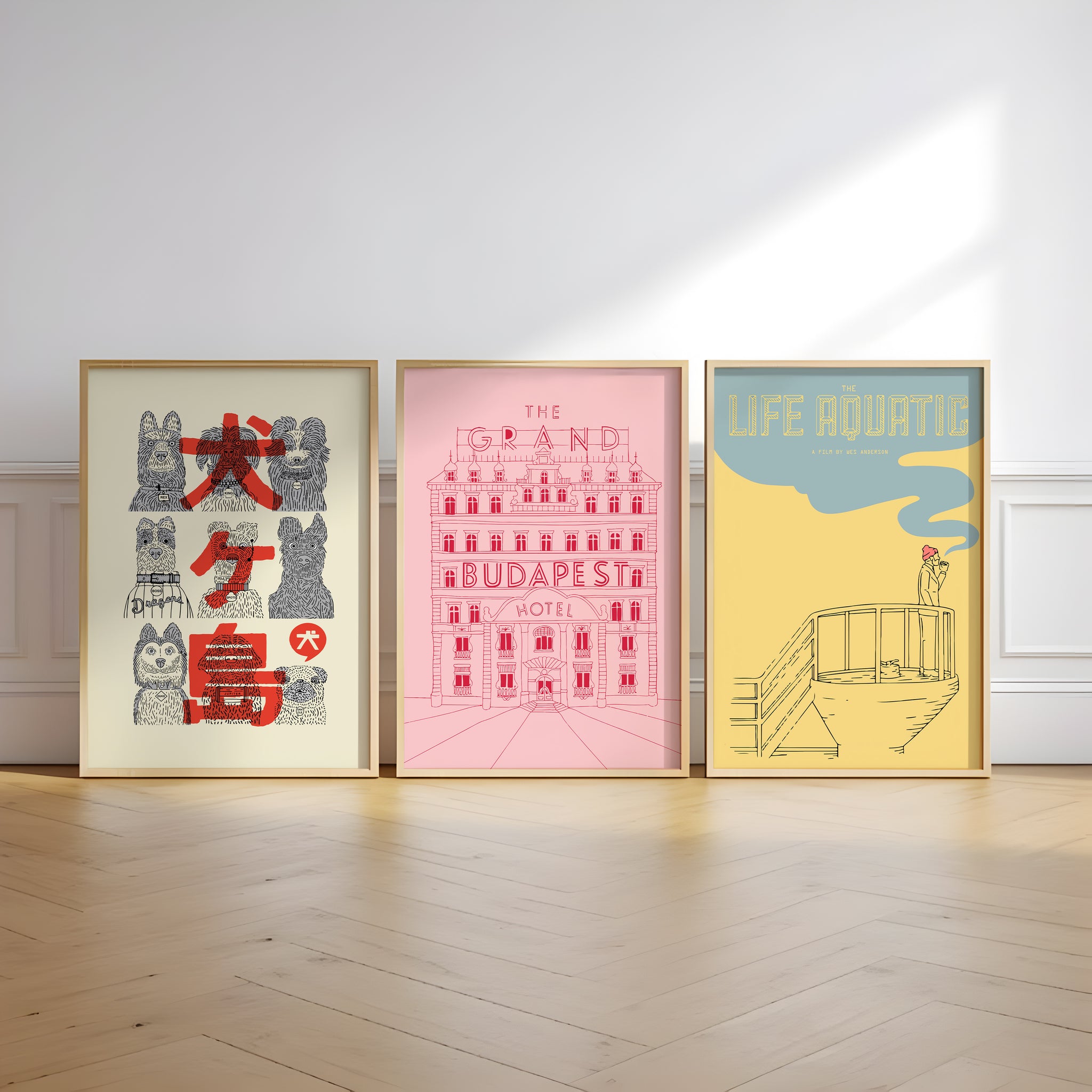 Wes Anderson movie poster set with dog, Grand Budapest and Life Aquatic artwork for living room wall art