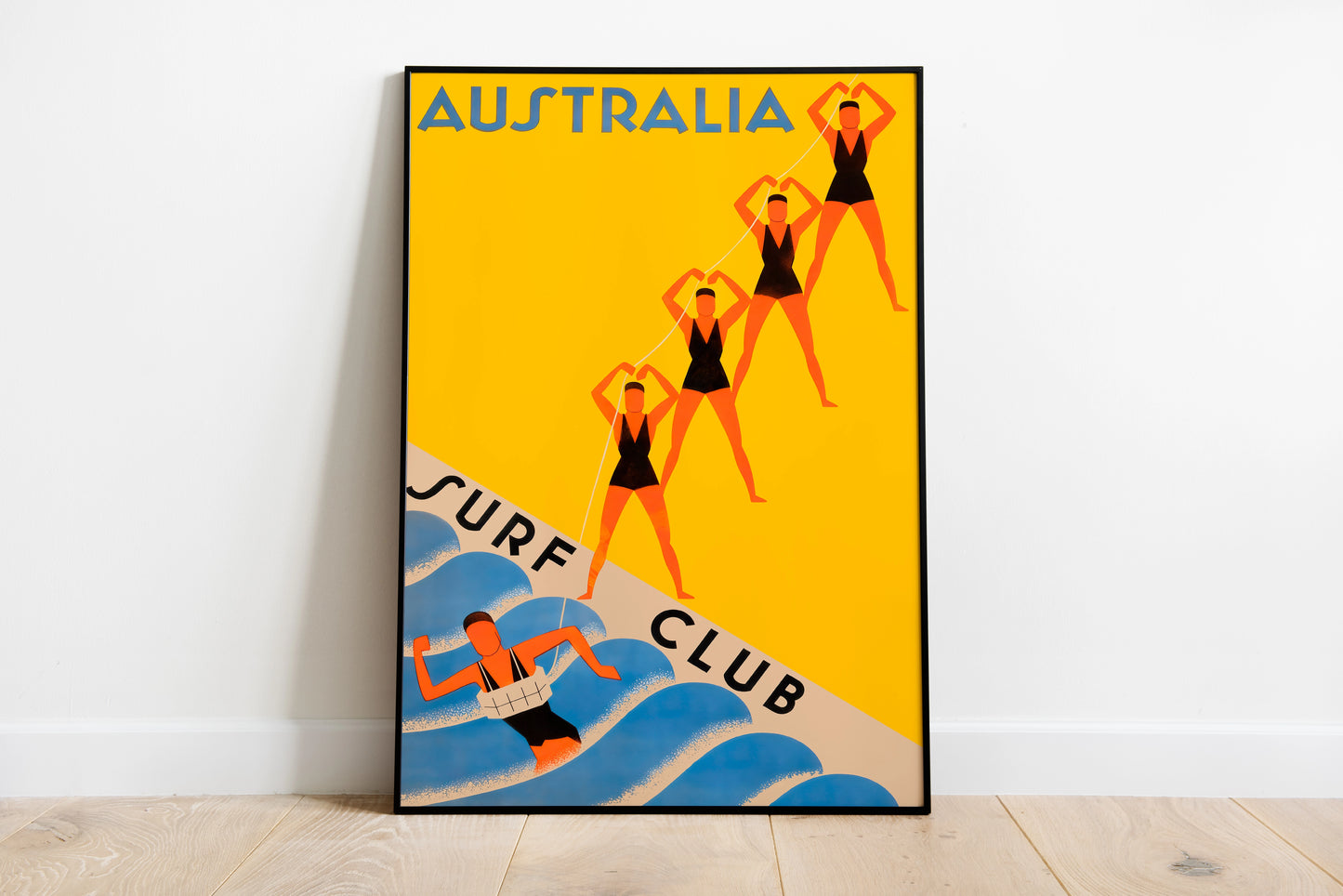 Australia Surf Club poster with swimmers, waves and yellow retro artwork for living room wall art
