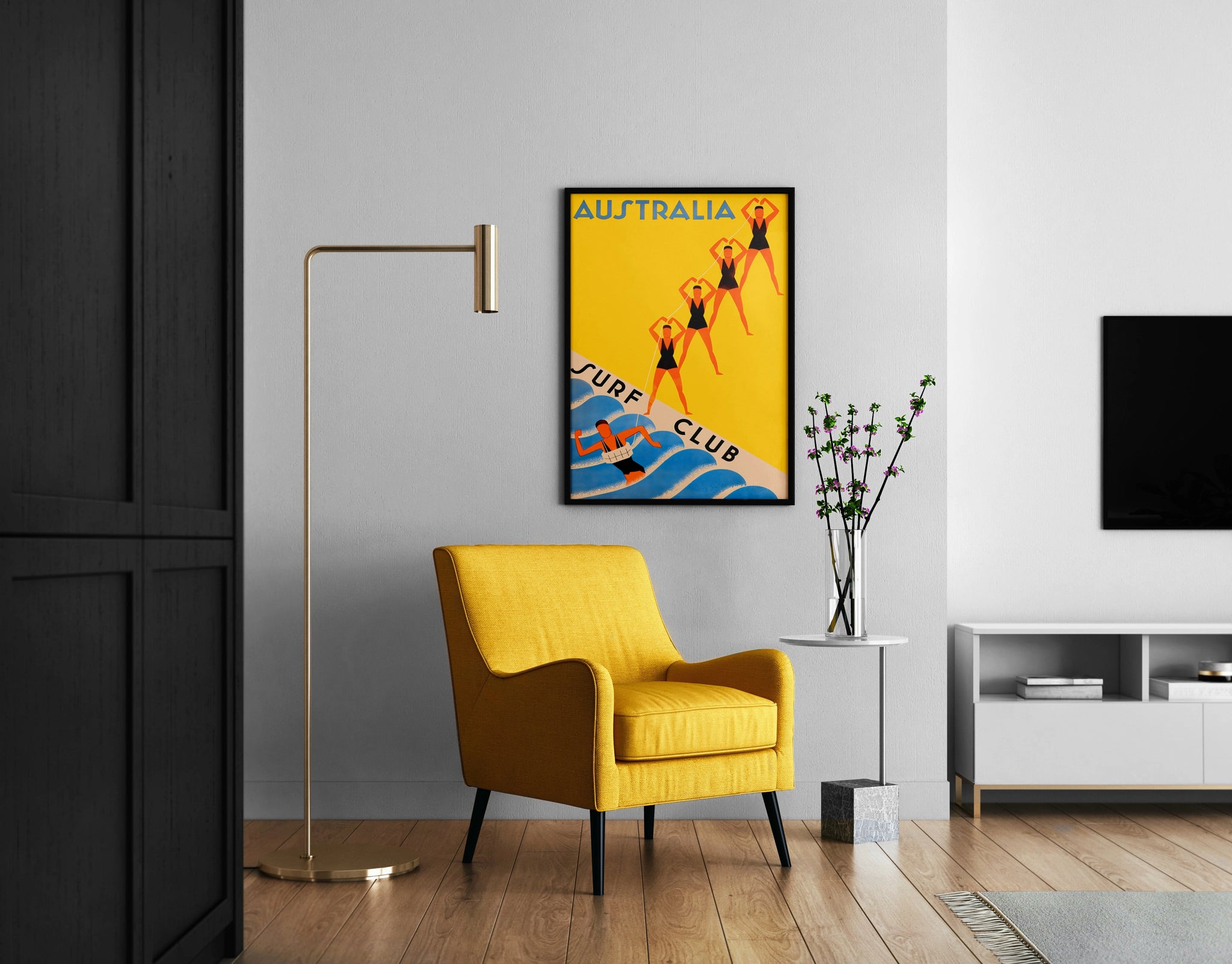 Australia Surf Club poster with yellow beach artwork and swimmers for home office wall art