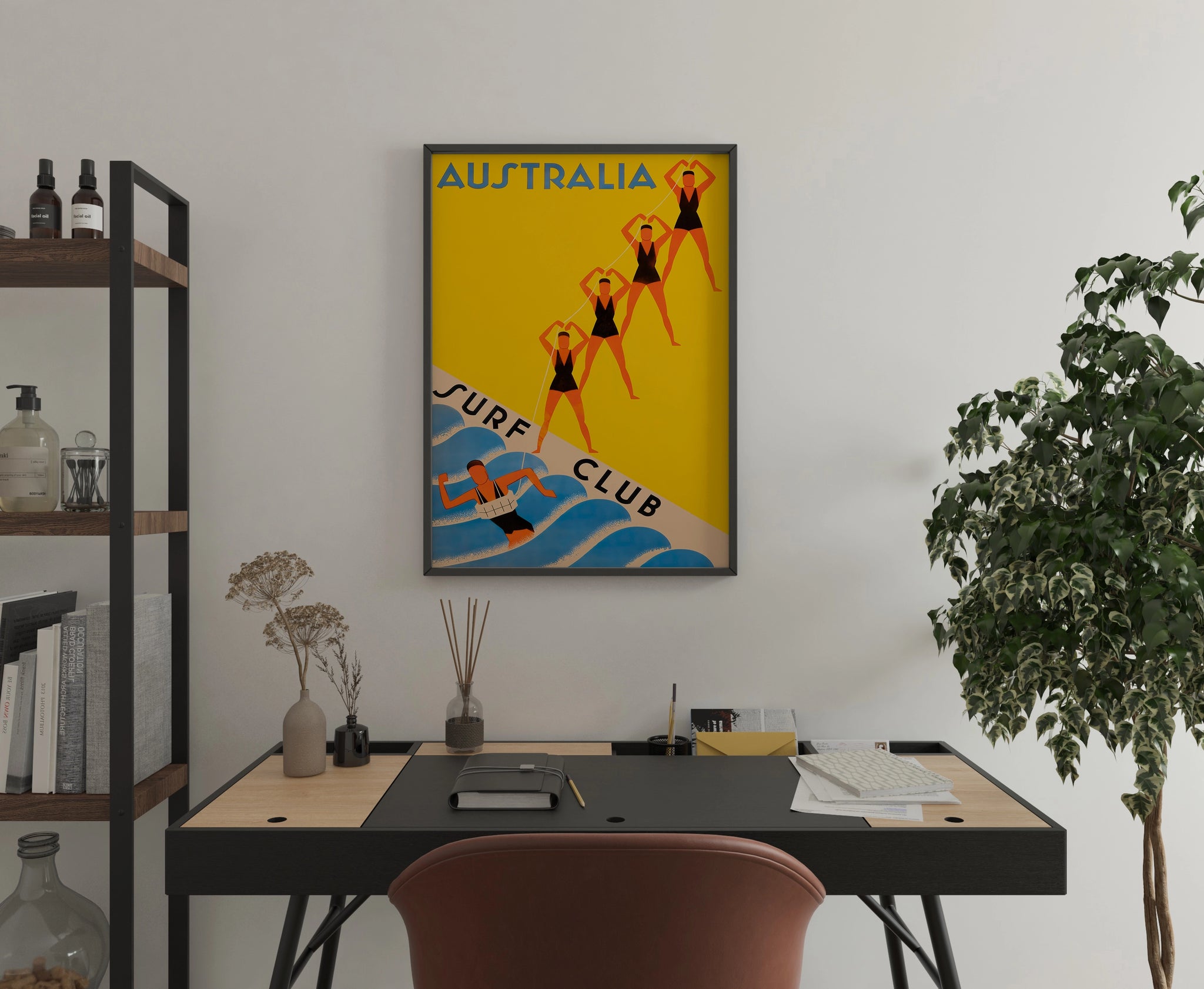 Australia Surf Club poster with bold yellow surf artwork for hallway wall art