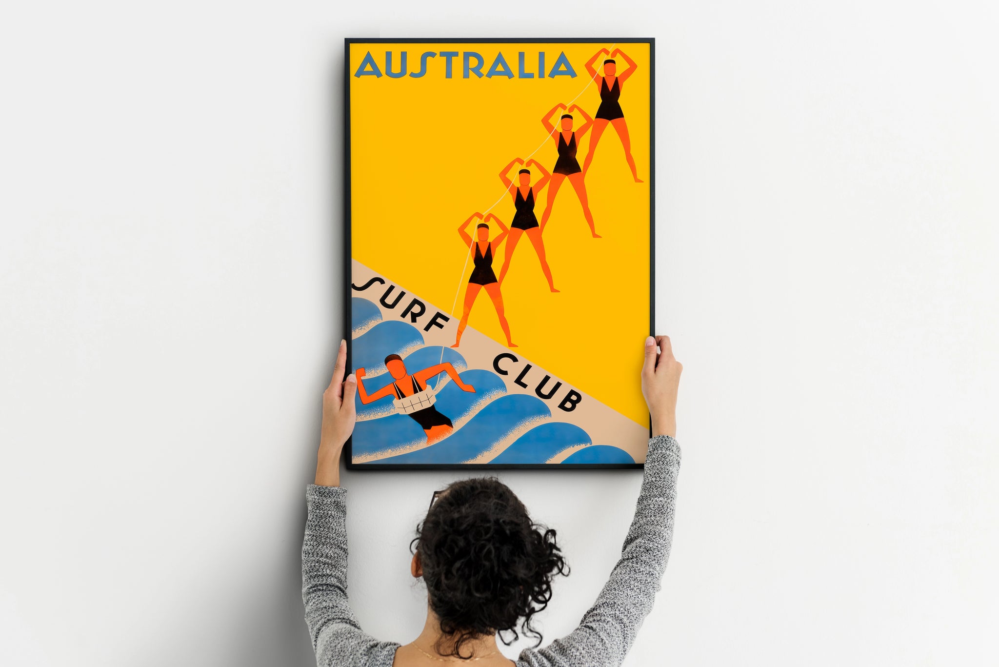 Australia Surf Club print with swimmers, waves and retro typography for living room wall art
