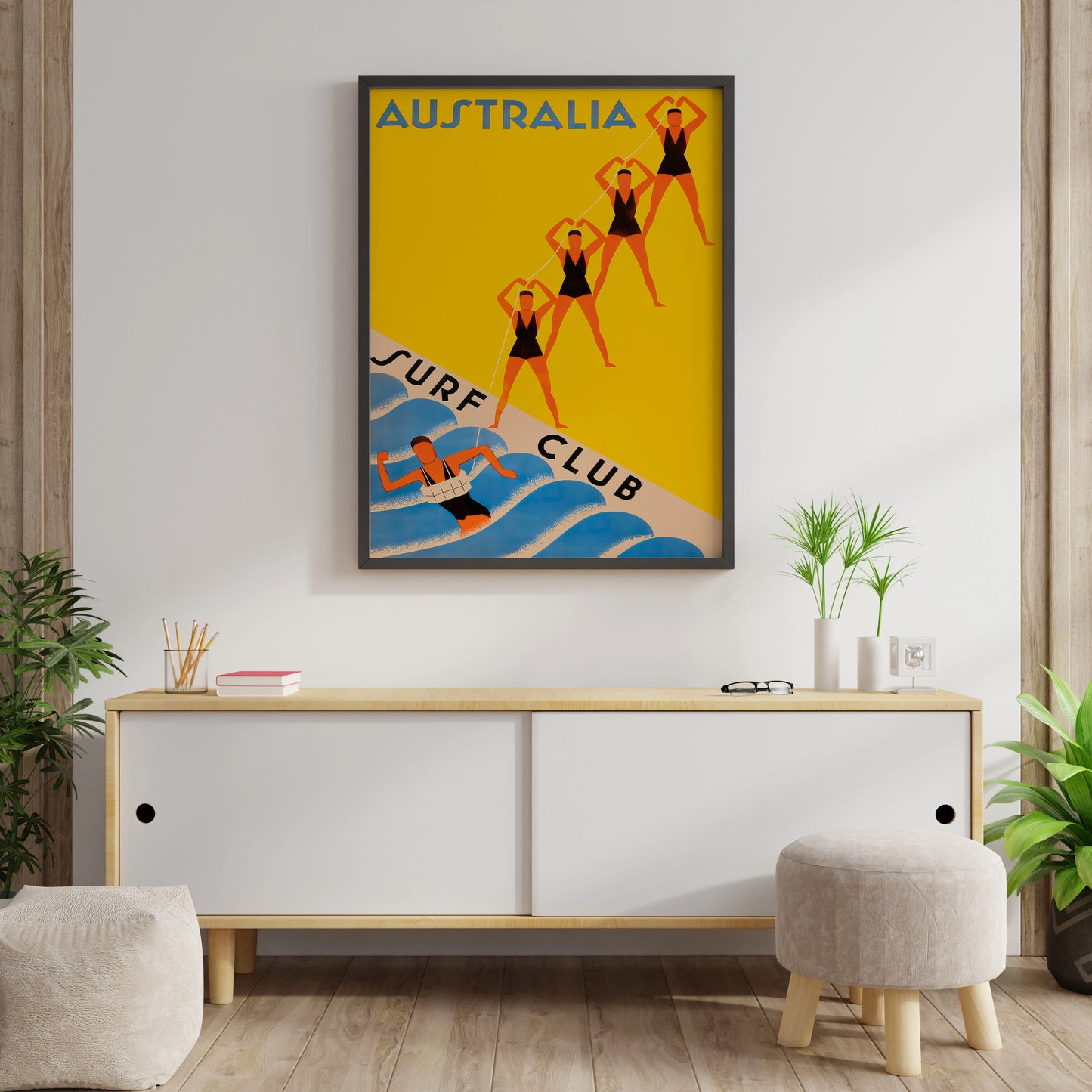 Australia Surf Club print with retro swimmers and wave artwork for hallway wall art