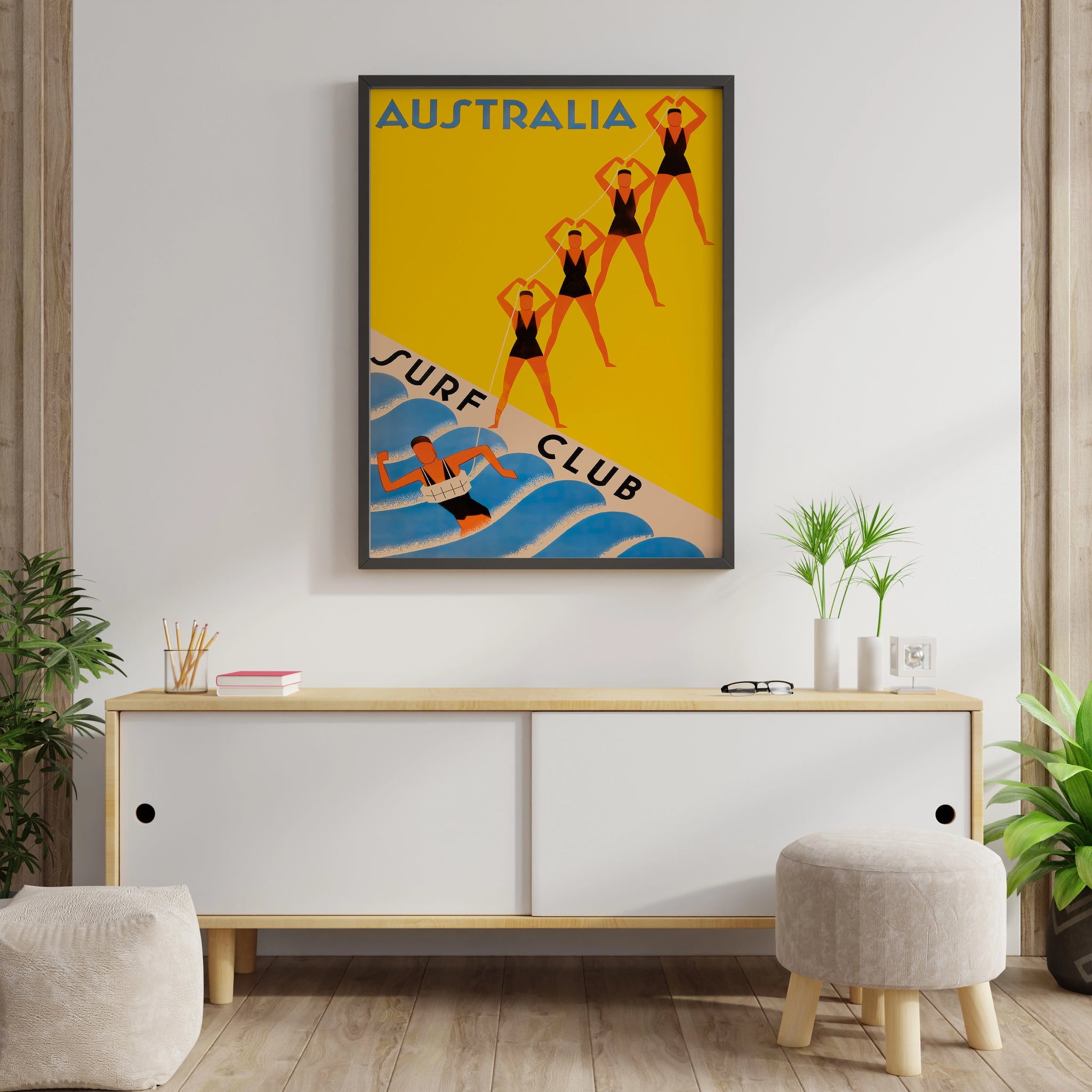 Australia Surf Club print with retro swimmers and wave artwork for hallway wall art