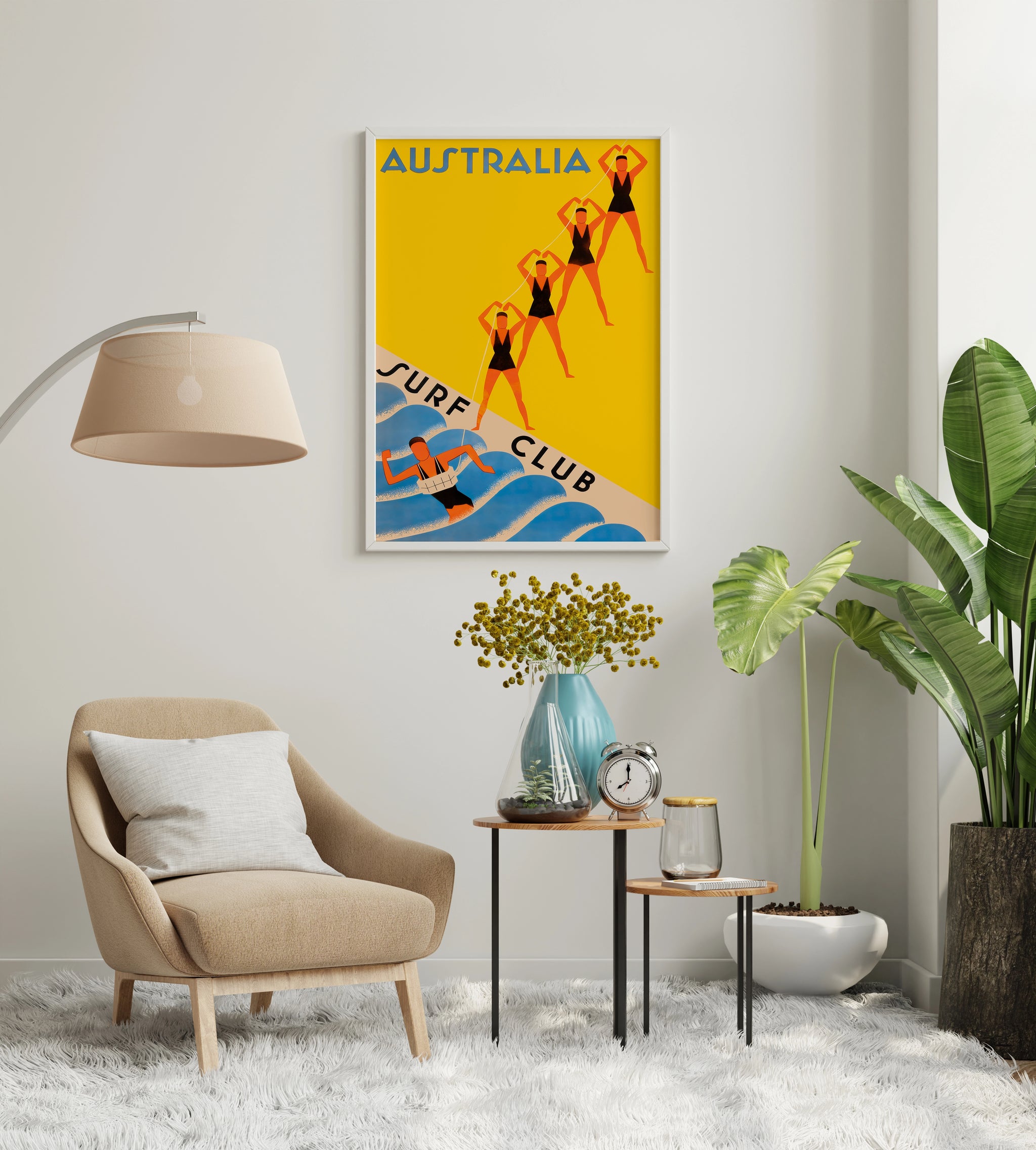 Australia Surf Club poster with retro beach scene and blue waves for home office wall art