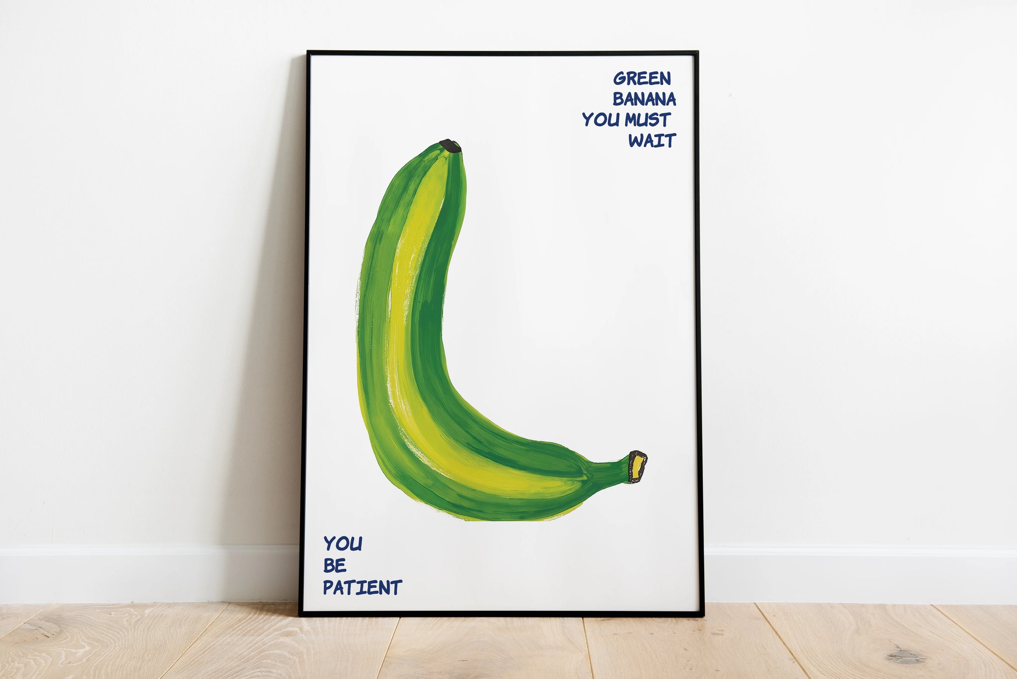 Green banana poster with funny hand-drawn food typography for kitchen wall art