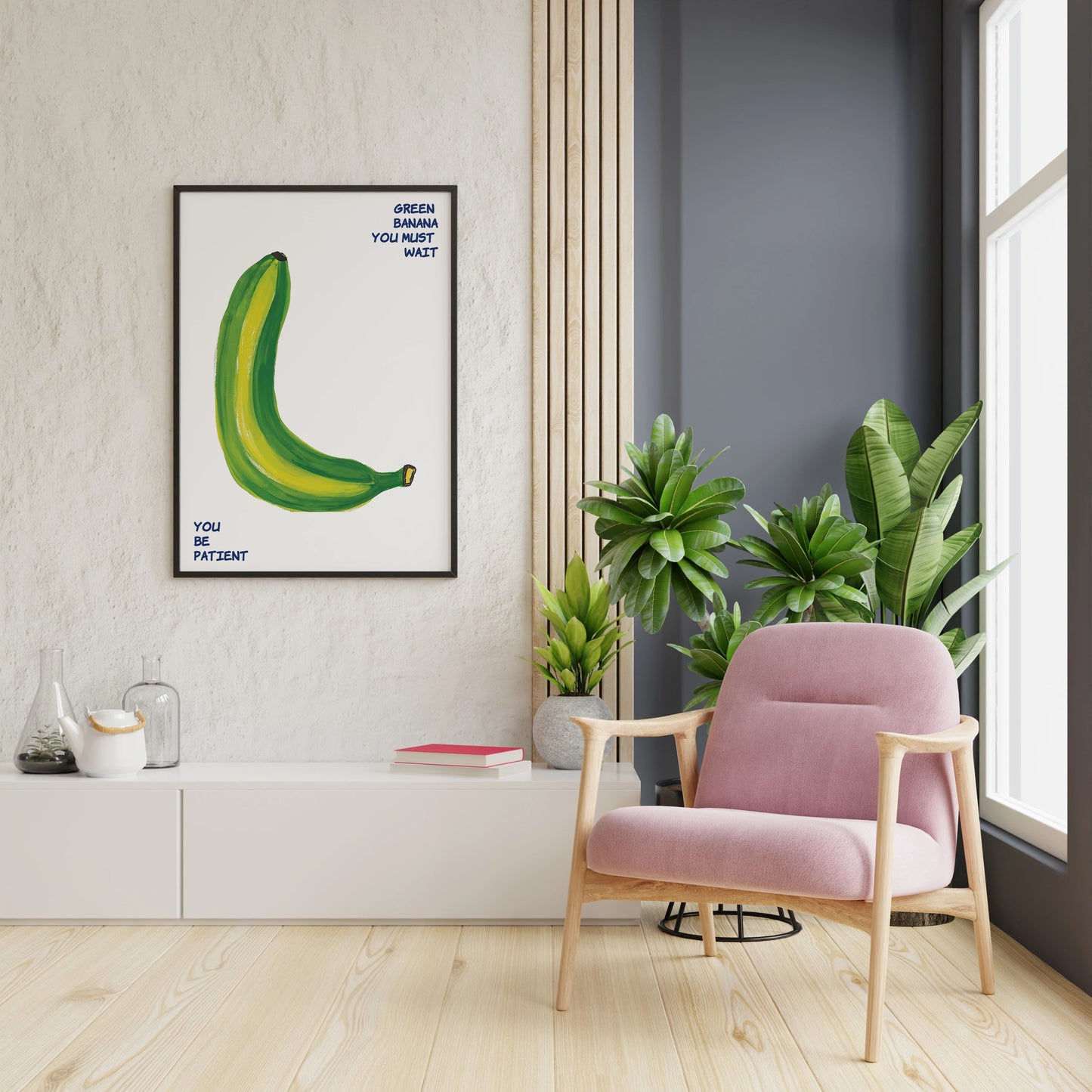 Green banana poster with quirky food art and patient quote for cafe style wall decor