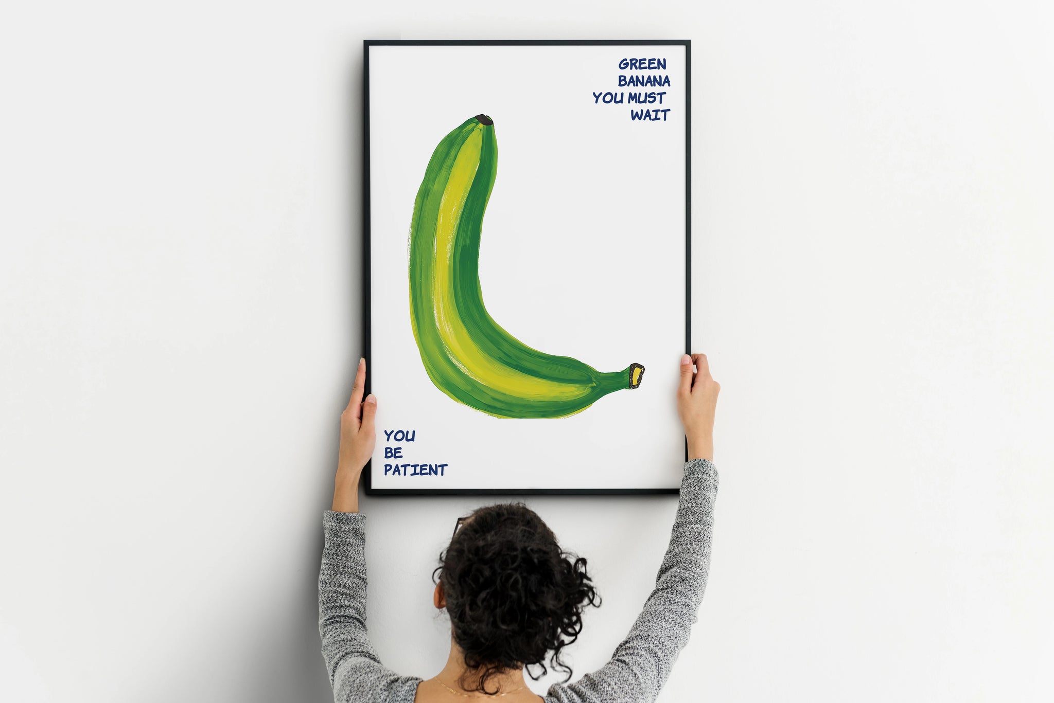 Green banana print with hand-painted fruit and blue text for kitchen wall decor