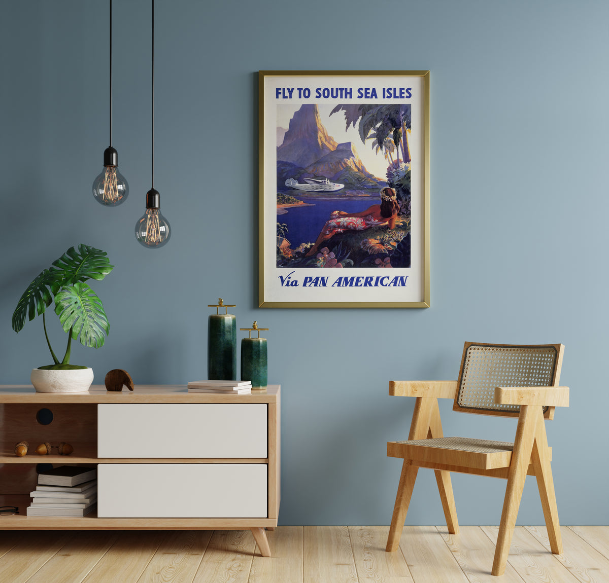 South Sea Isles print with reclining woman, flying boat and tropical landscape in a living room.