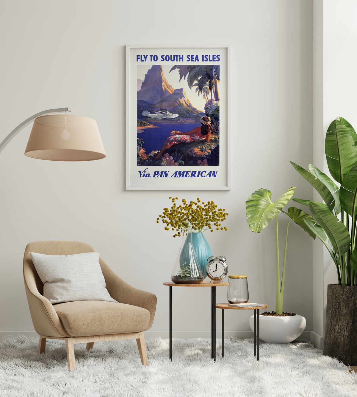 Pan American South Sea Isles poster with flying boat and tropical island landscape for a home office.
