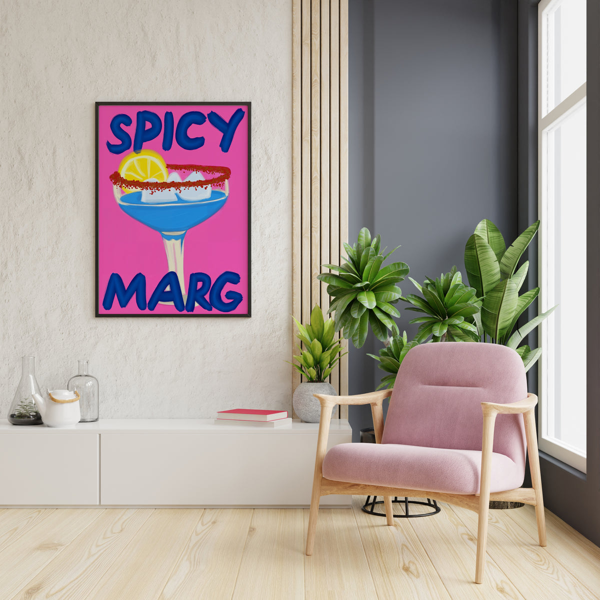 Spicy cocktail wall art with bright blue drink and dark blue typography displayed on a wall