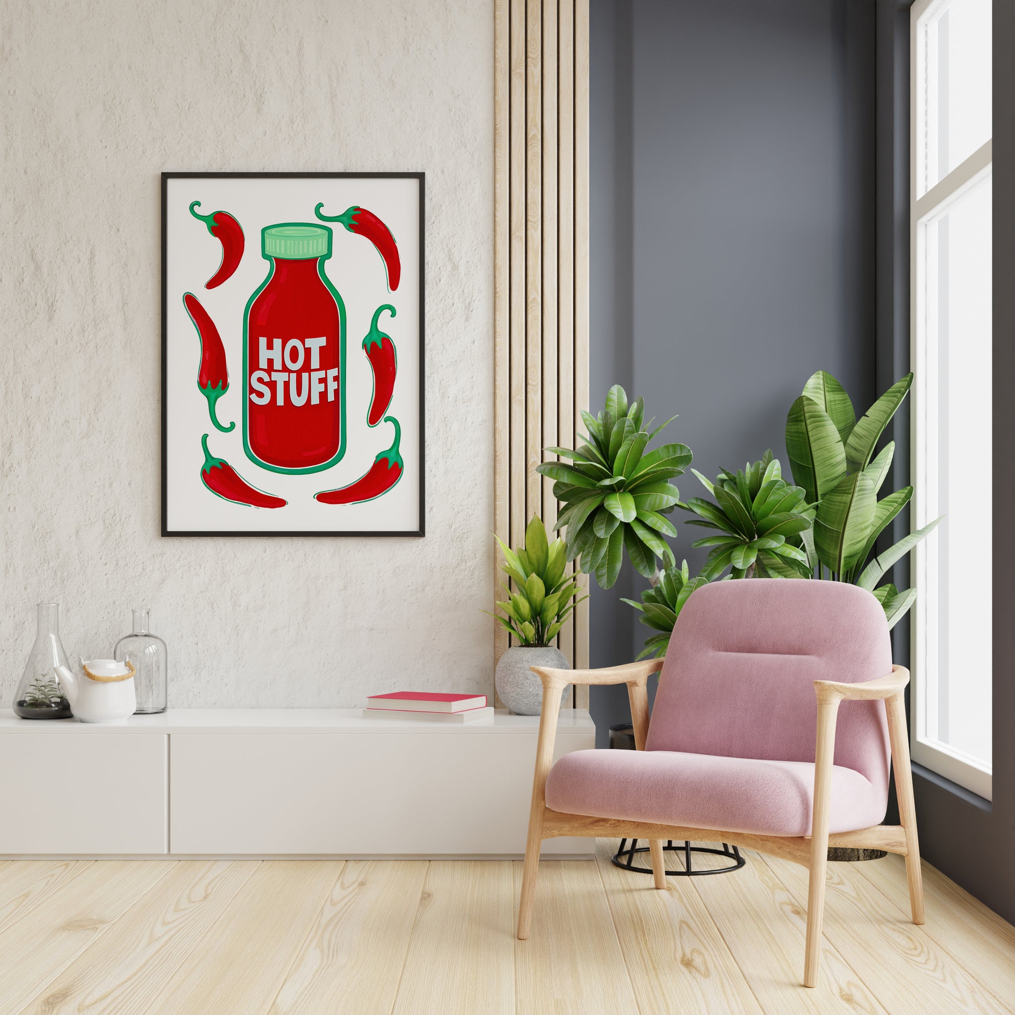 hot sauce and chili pepper print styled near yellow chair, playful kitchen-inspired wall art