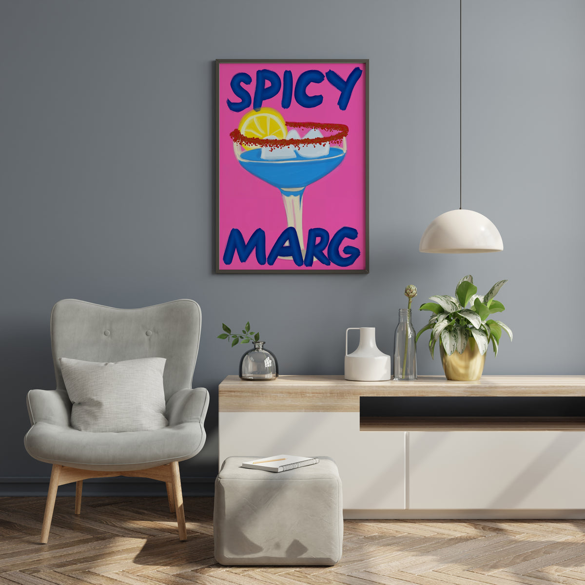 Bold SPICY MARG poster with blue cocktail and red seasoned rim on a hot pink background