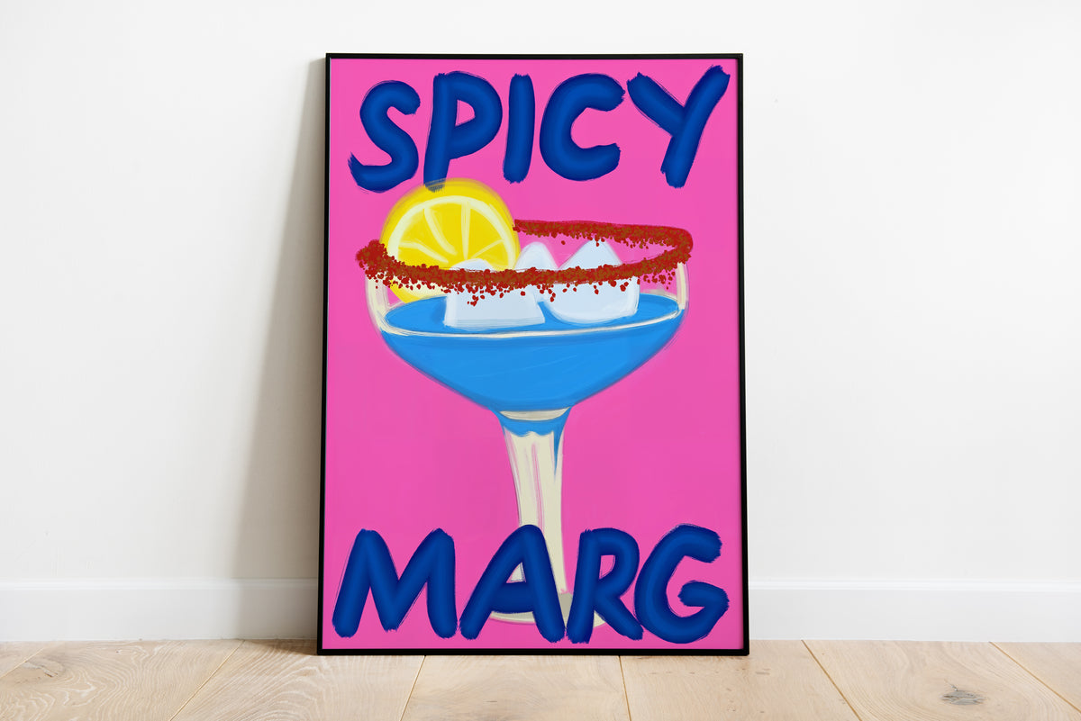 Spicy margarita poster with blue cocktail, lemon slice, ice and bold SPICY MARG lettering