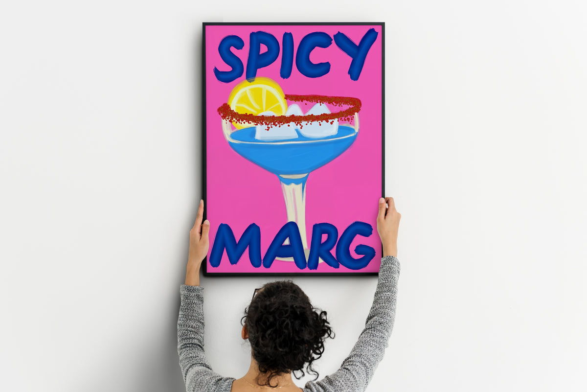 Large spicy margarita poster with lemon and bold blue lettering being positioned on a wall