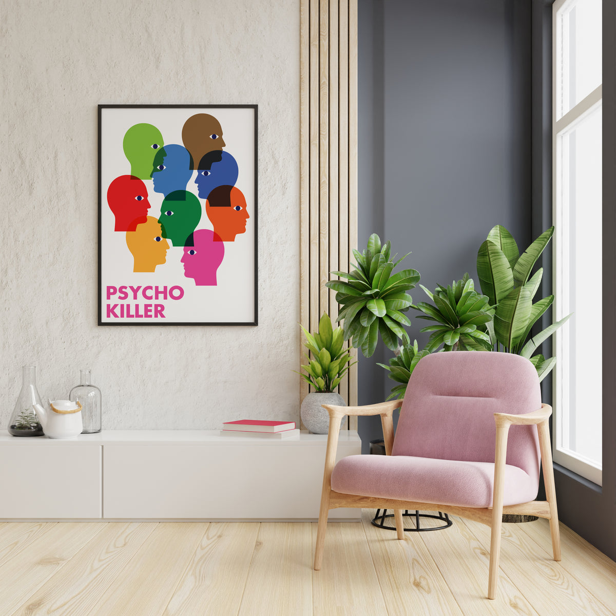 Talking Heads Psycho Killer poster combining colourful profiles and two lines of pink lettering.
