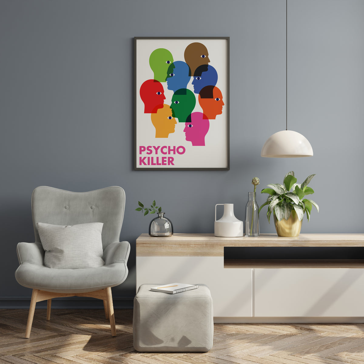Talking Heads Psycho Killer print featuring stylised eyes and overlapping heads in a living room.