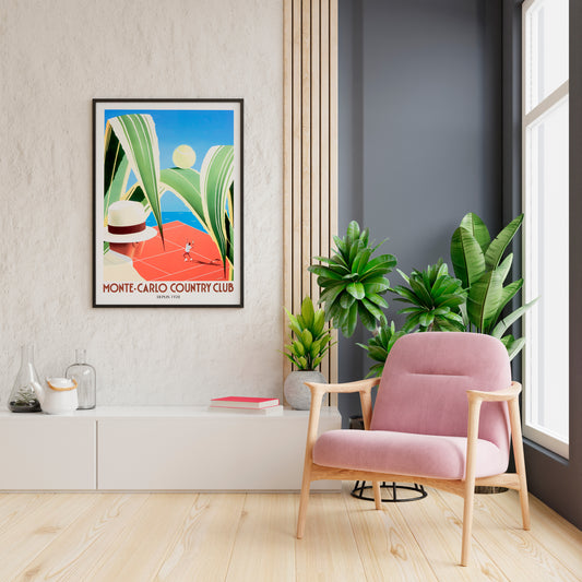 Monte-Carlo tennis print featuring a serving player, spectator and oversized palm leaves