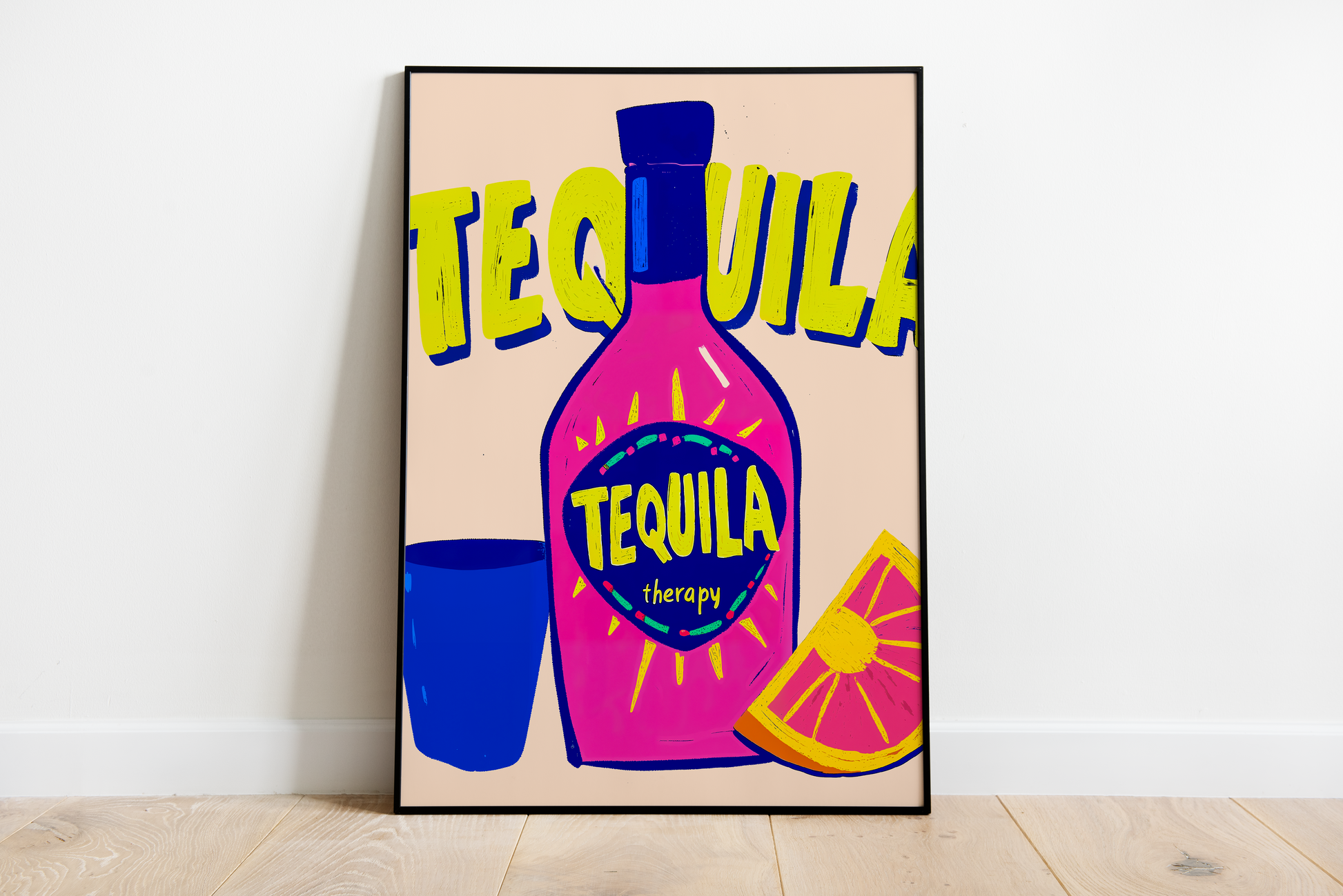 Colorful retro poster print featuring a pink tequila bottle with blue label, yellow typography, a blue glass, and a citrus slice in bold graphic style