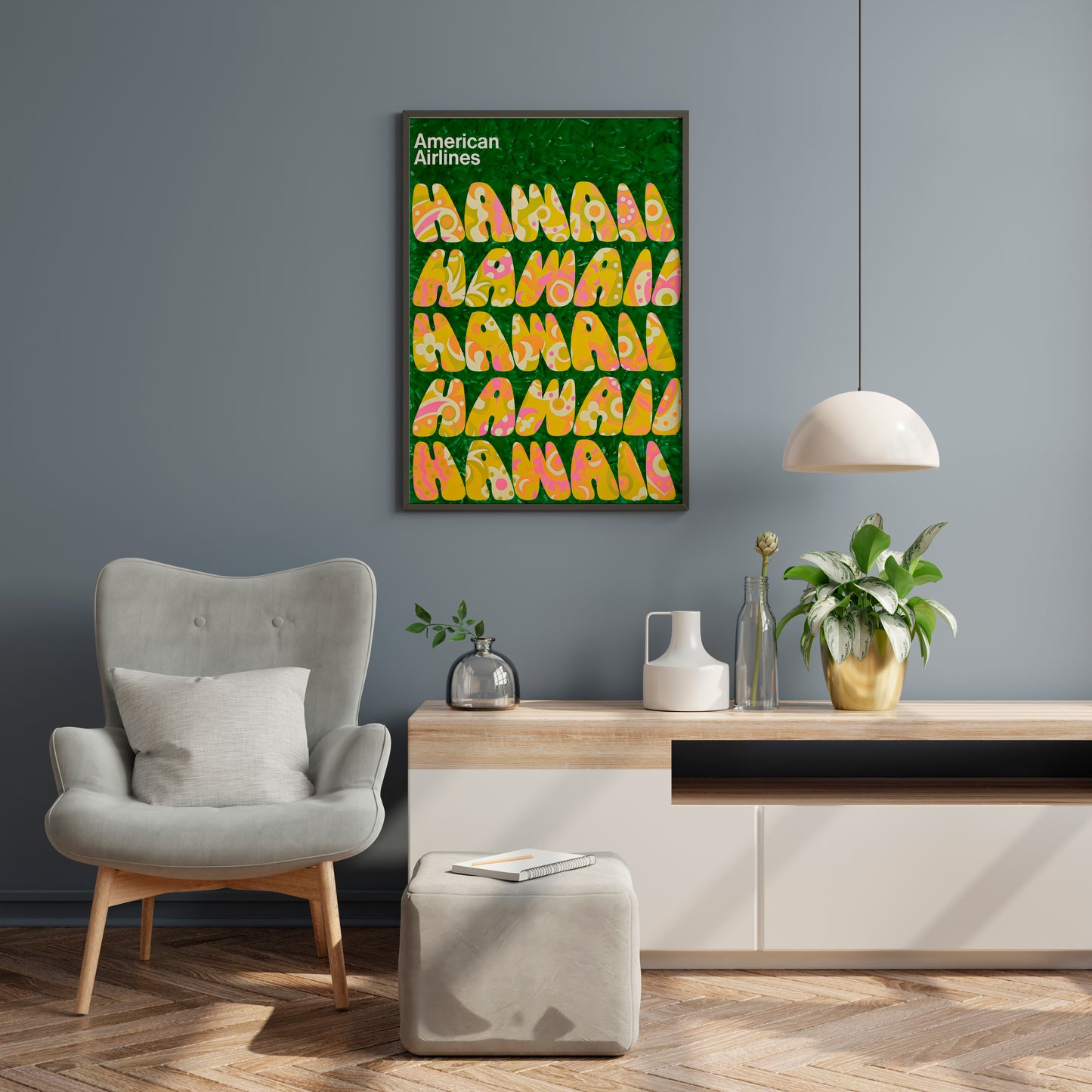 Tropical travel poster adding color to a modern reading corner