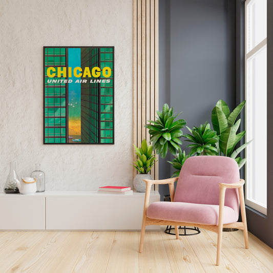 Chicago city wall art with bold yellow lettering and geometric green towers