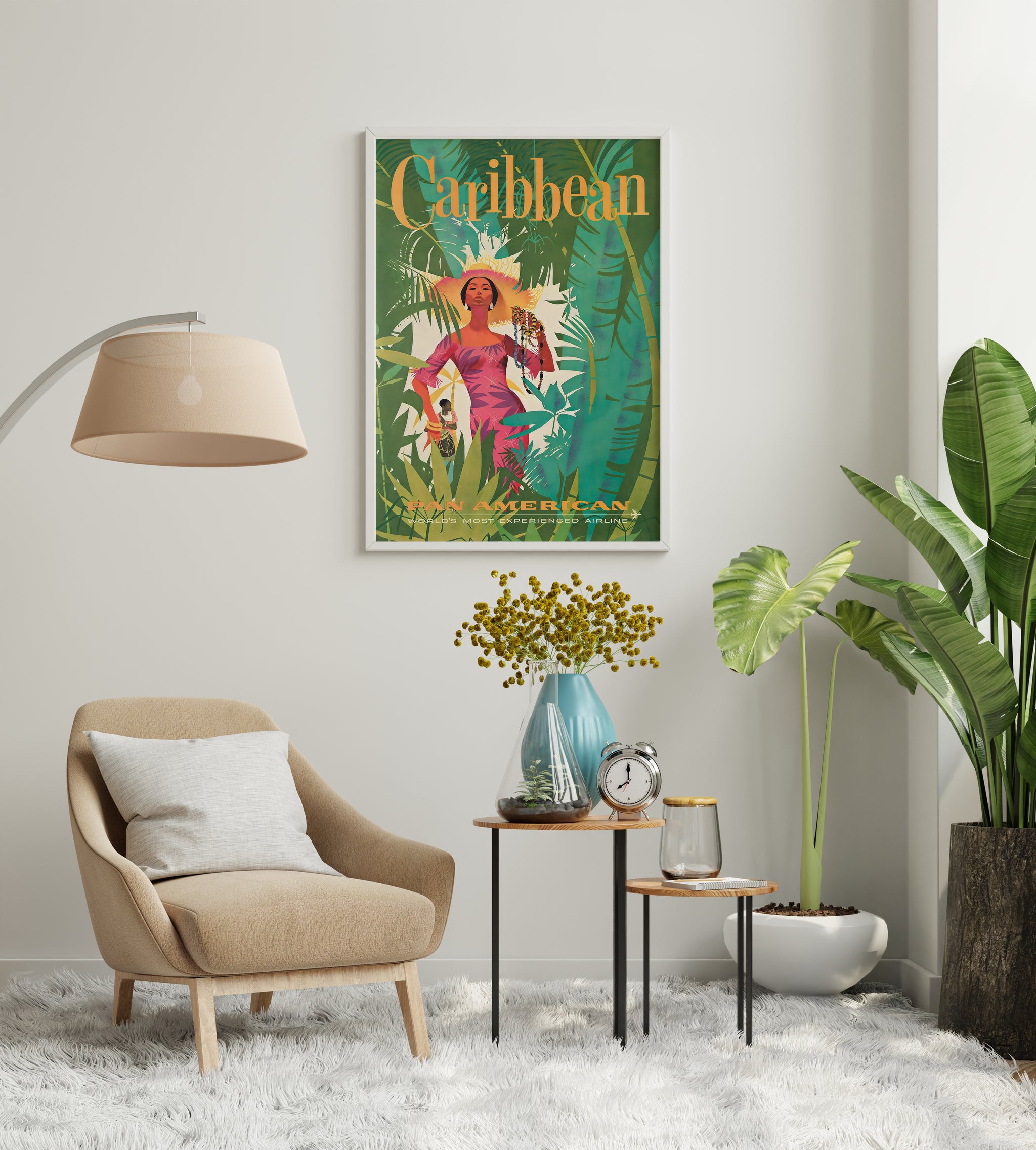 Caribbean travel print near window, tropical poster for bright entryway