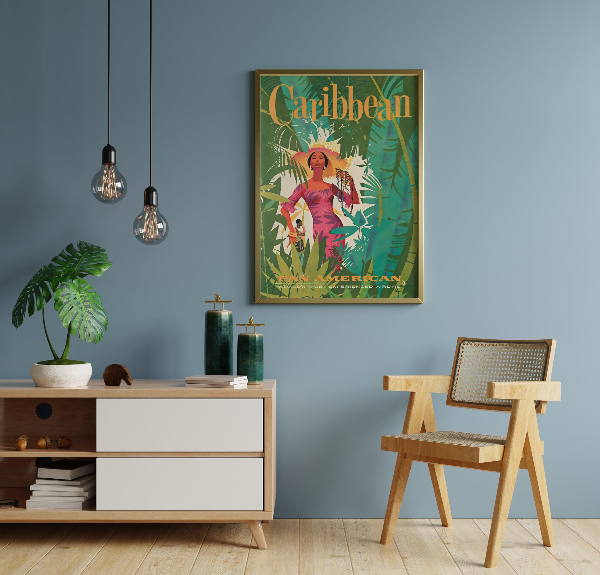 Caribbean travel poster for living room, green tropical vintage wall art