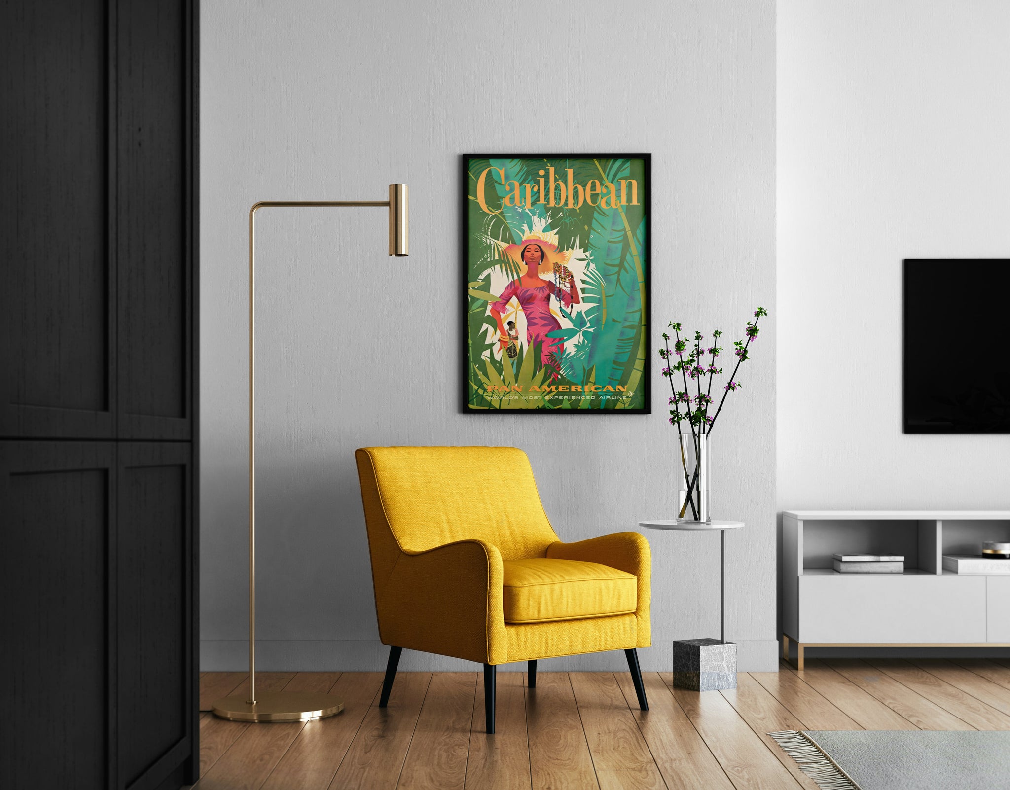 Caribbean travel poster above sideboard, colorful tropical wall art