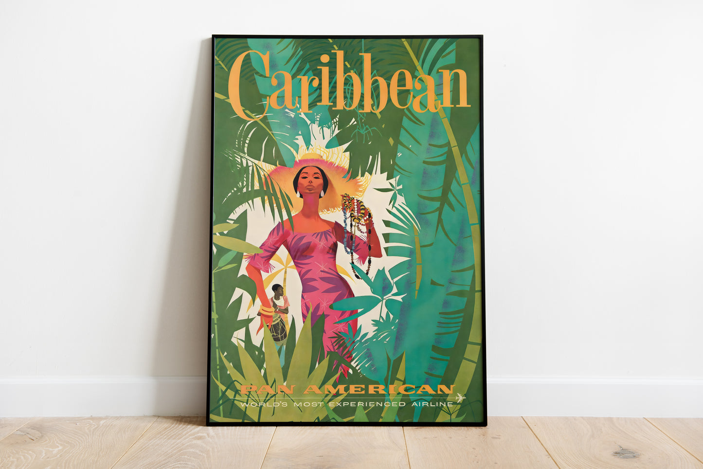 Caribbean travel poster with tropical woman, green vintage wall art