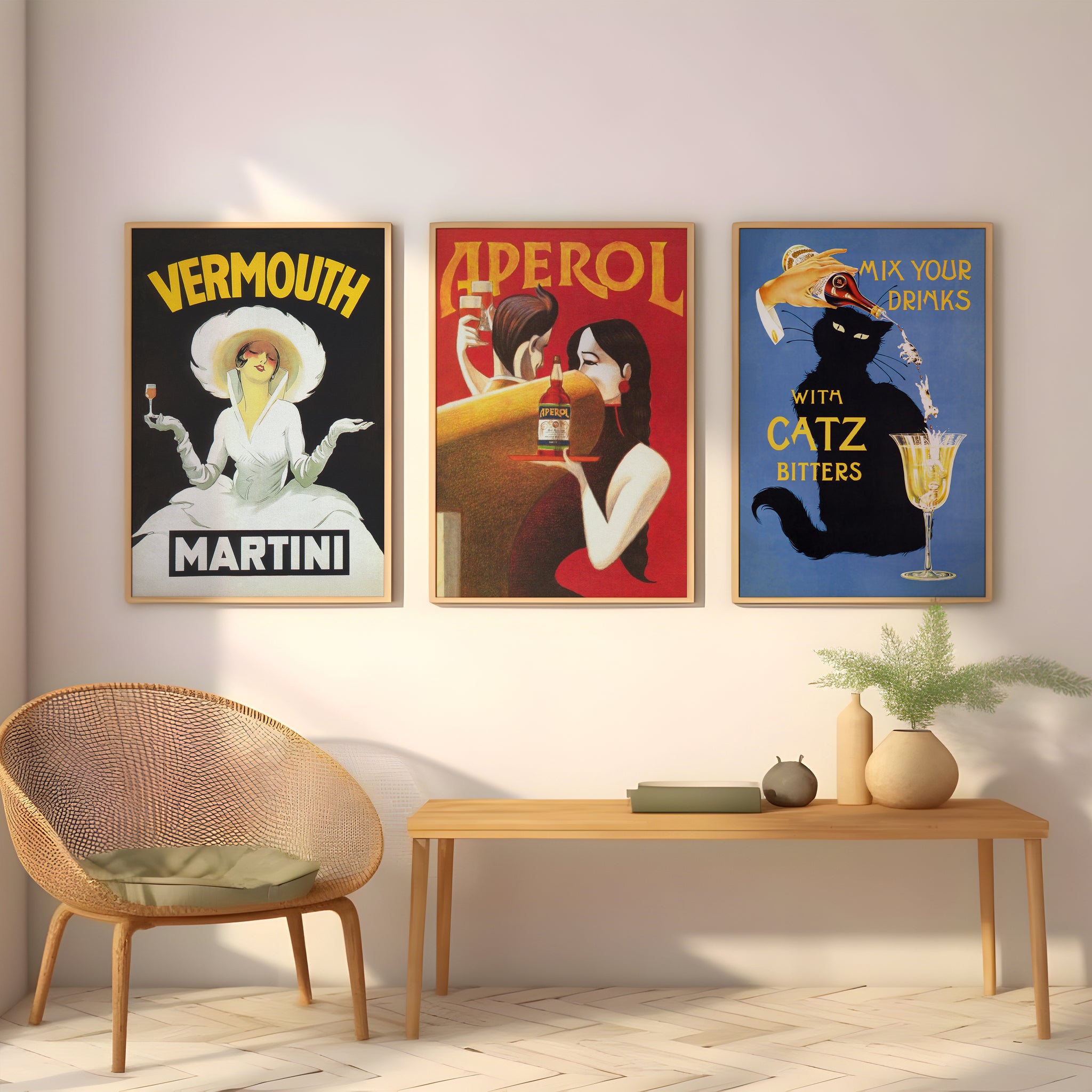 Vintage cocktail poster set with Martini, Aperol and Catz Bitters artwork for dining room wall art
