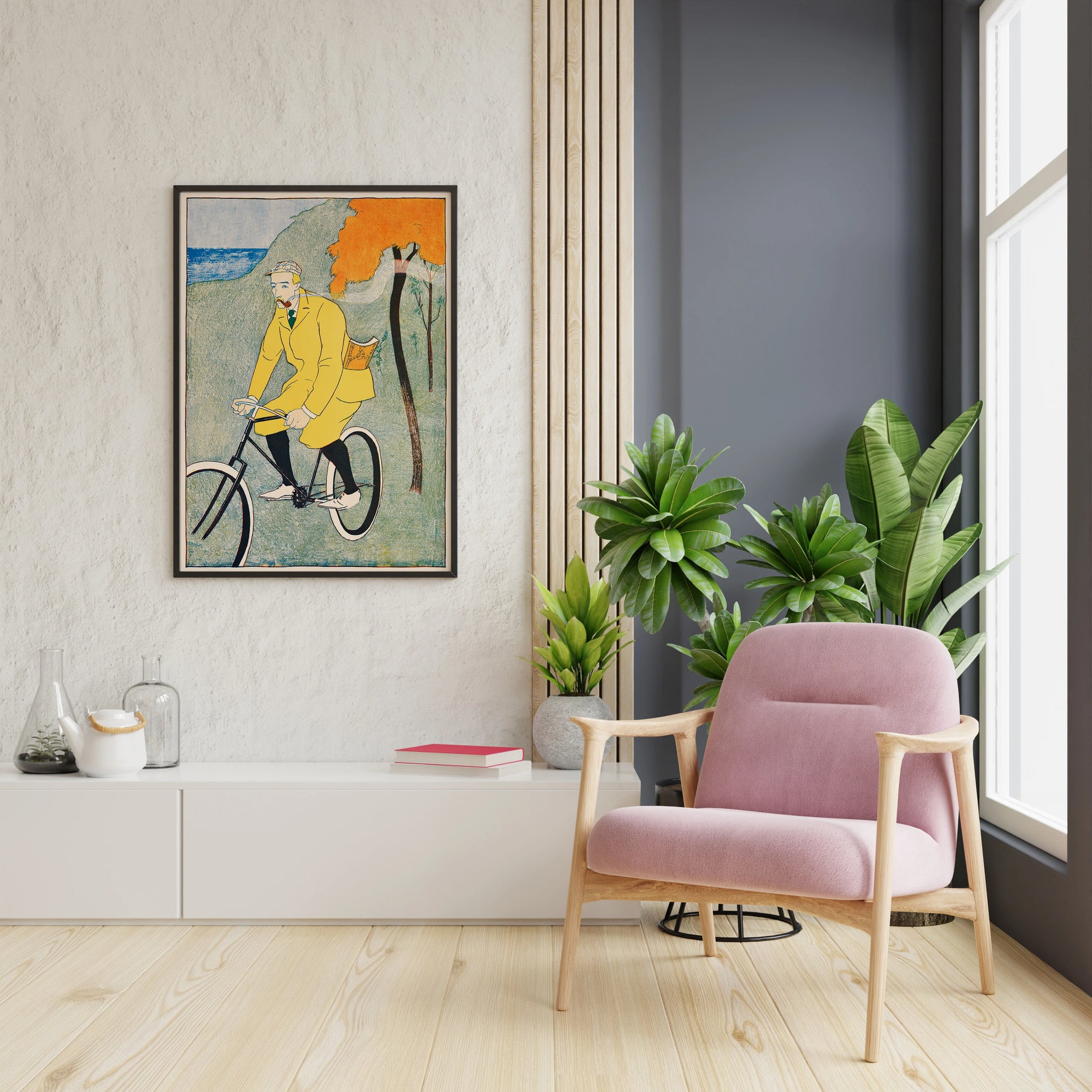 Vintage cyclist poster with yellow coat and orange tree artwork for hallway wall art