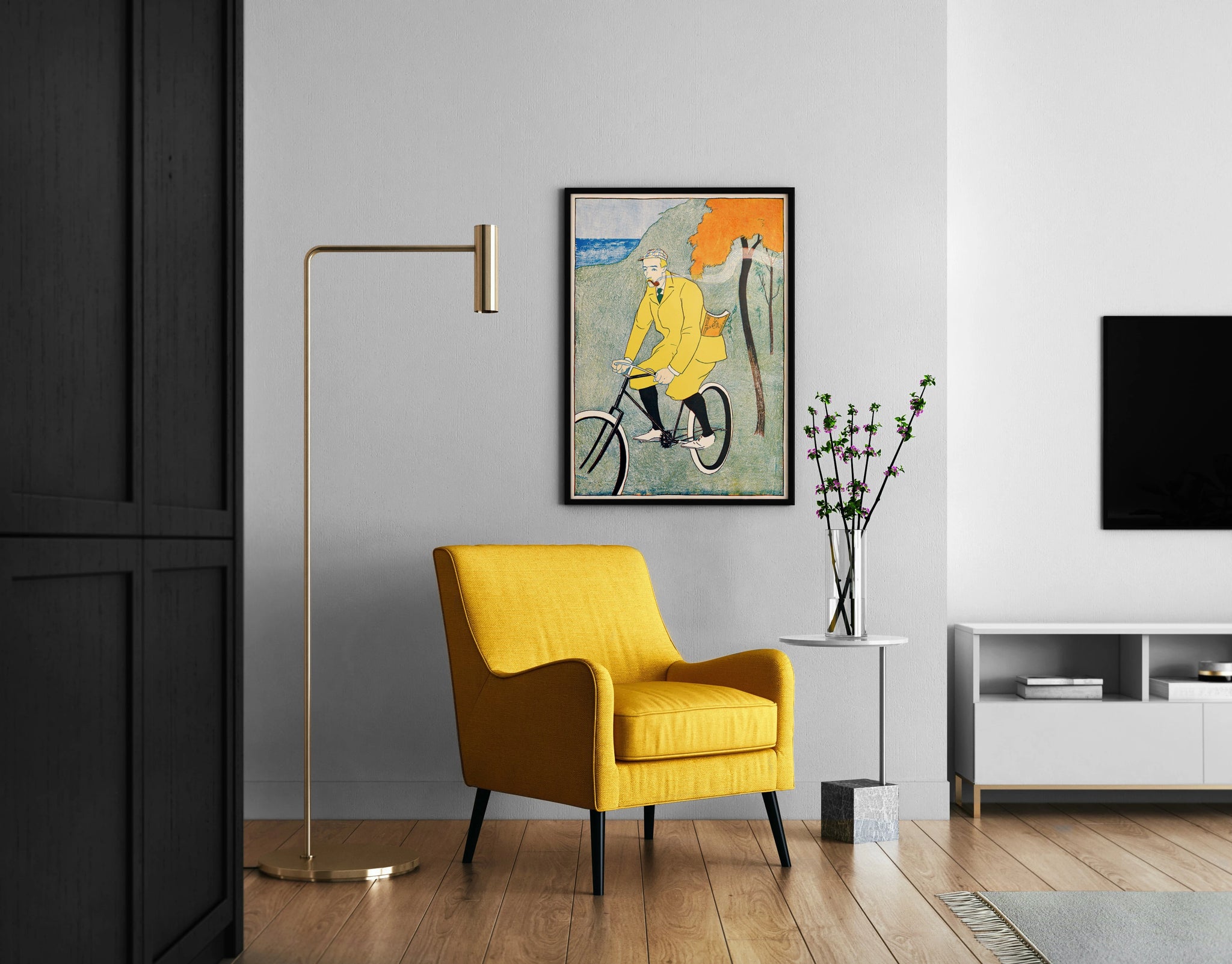 Vintage gentleman cyclist print with yellow coat and bicycle artwork for home office wall art