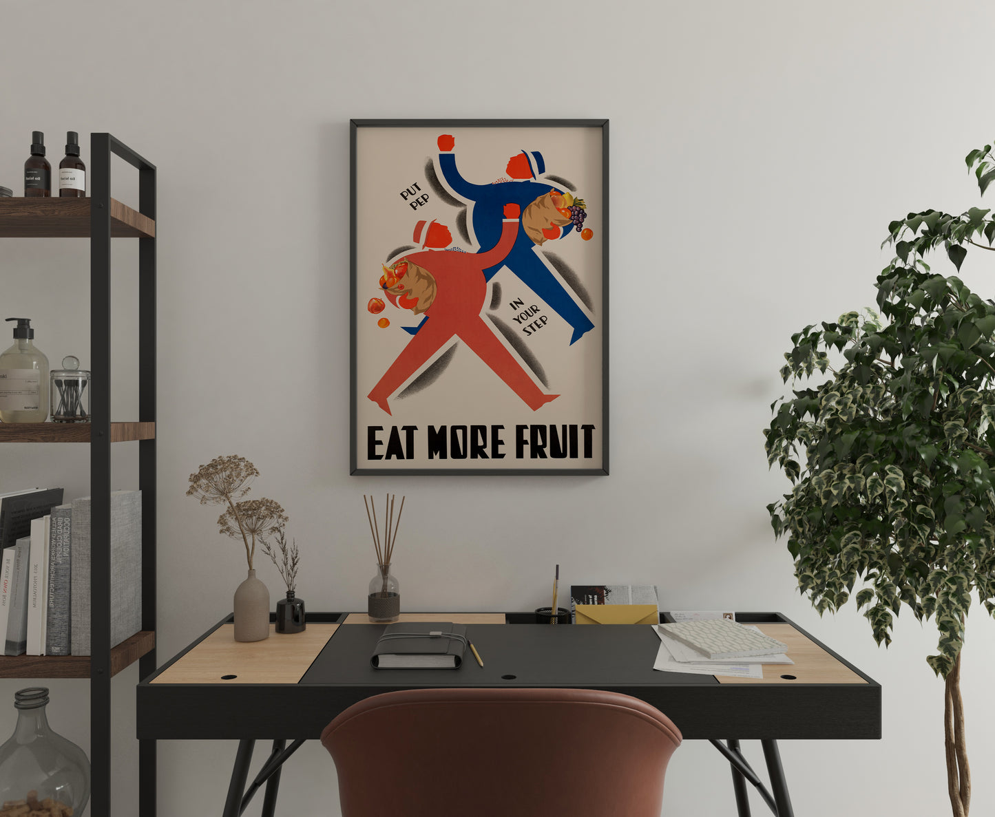 Vintage fruit print for a soft dining corner with plants