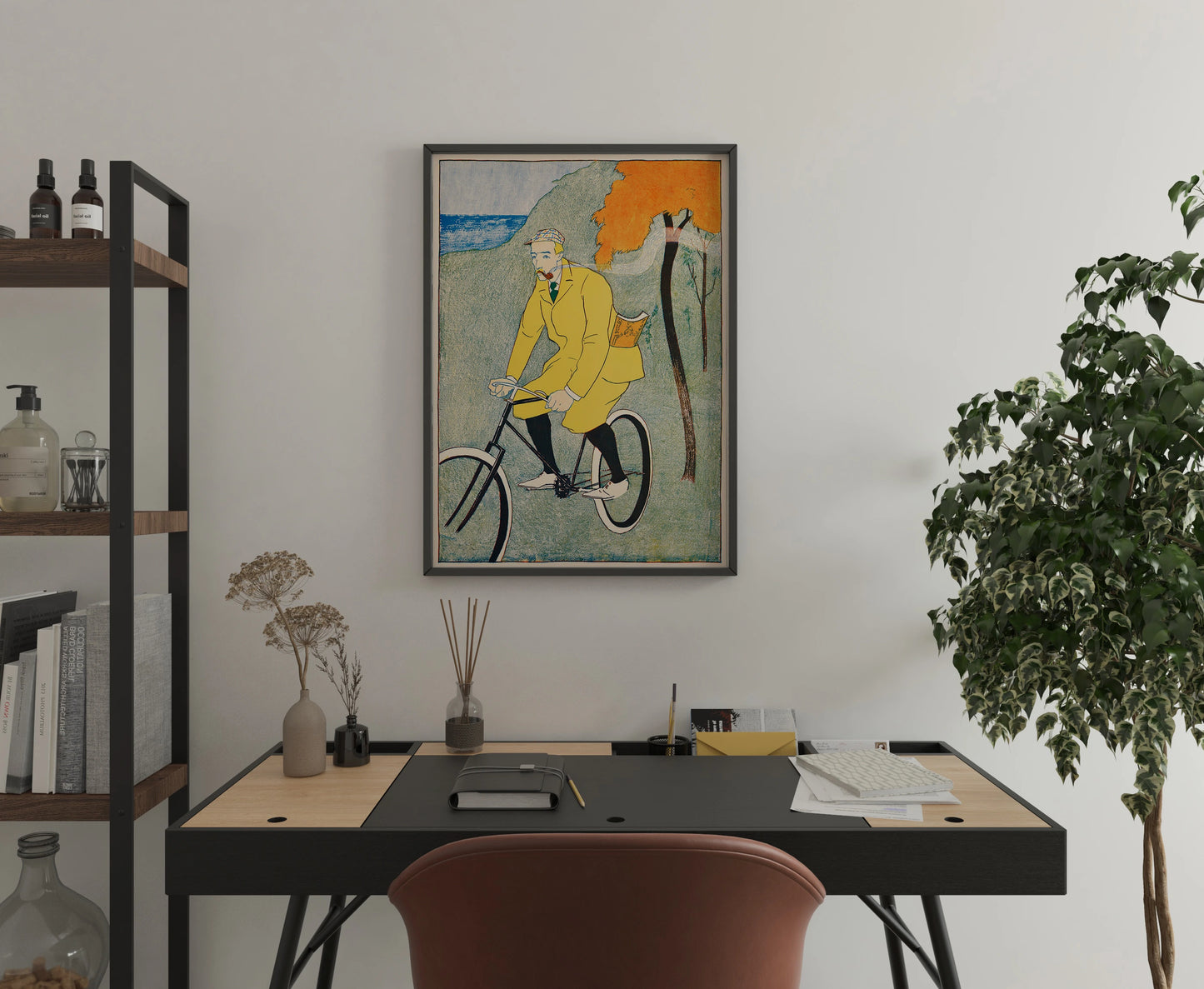 Vintage gentleman cyclist poster with bicycle and muted landscape artwork for office wall art