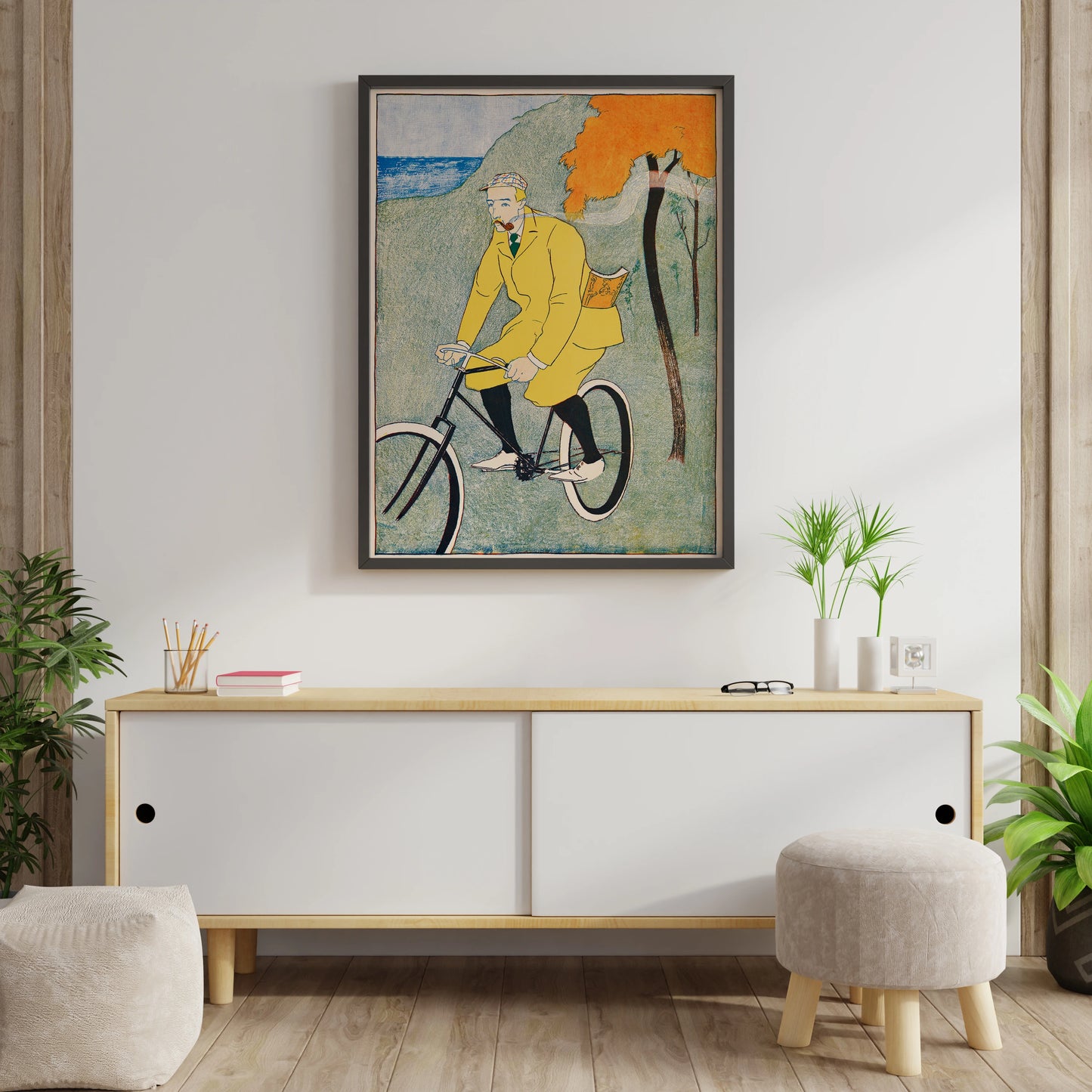 Vintage gentleman cyclist poster with yellow coat artwork for living room wall art