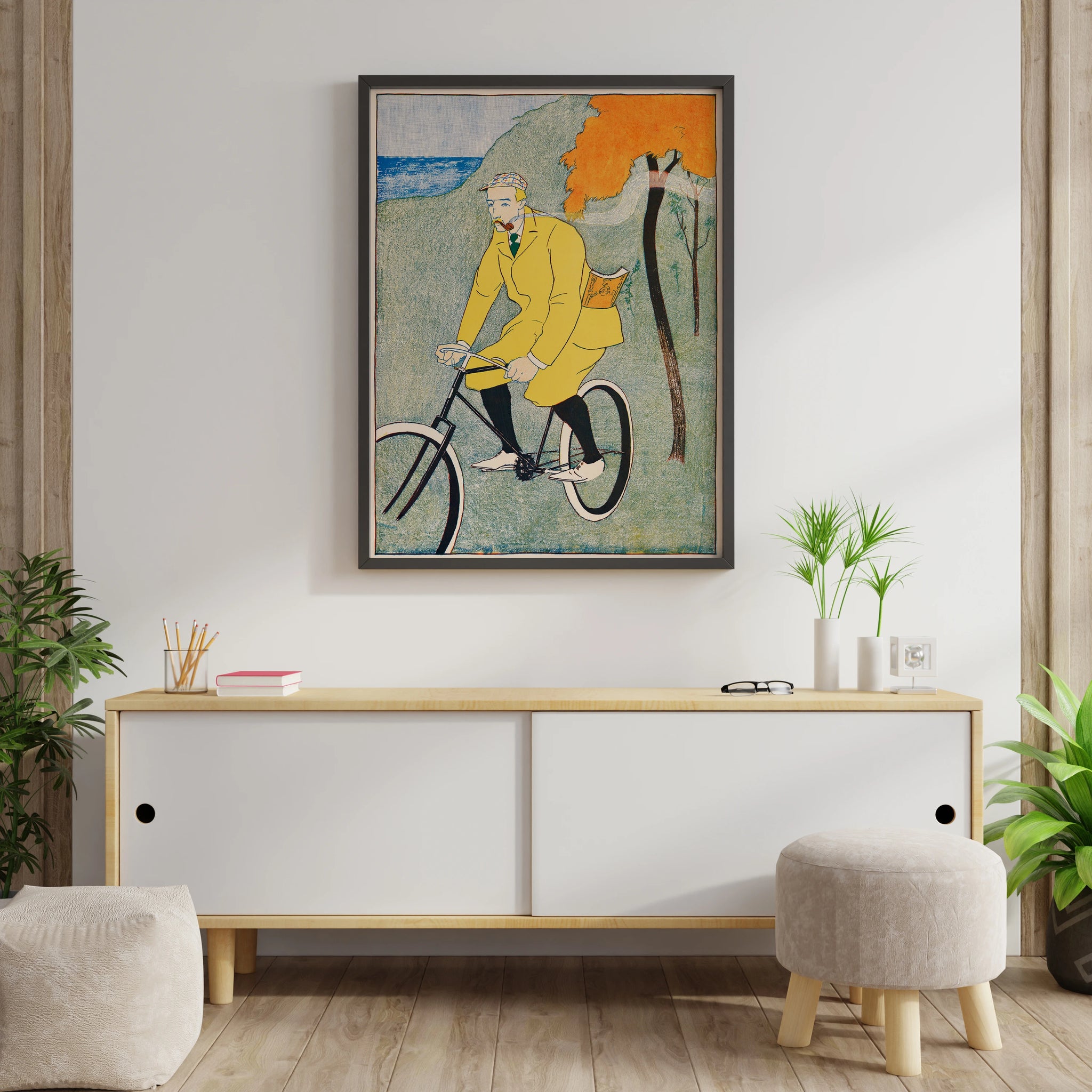 Vintage gentleman cyclist poster with yellow coat artwork for living room wall art