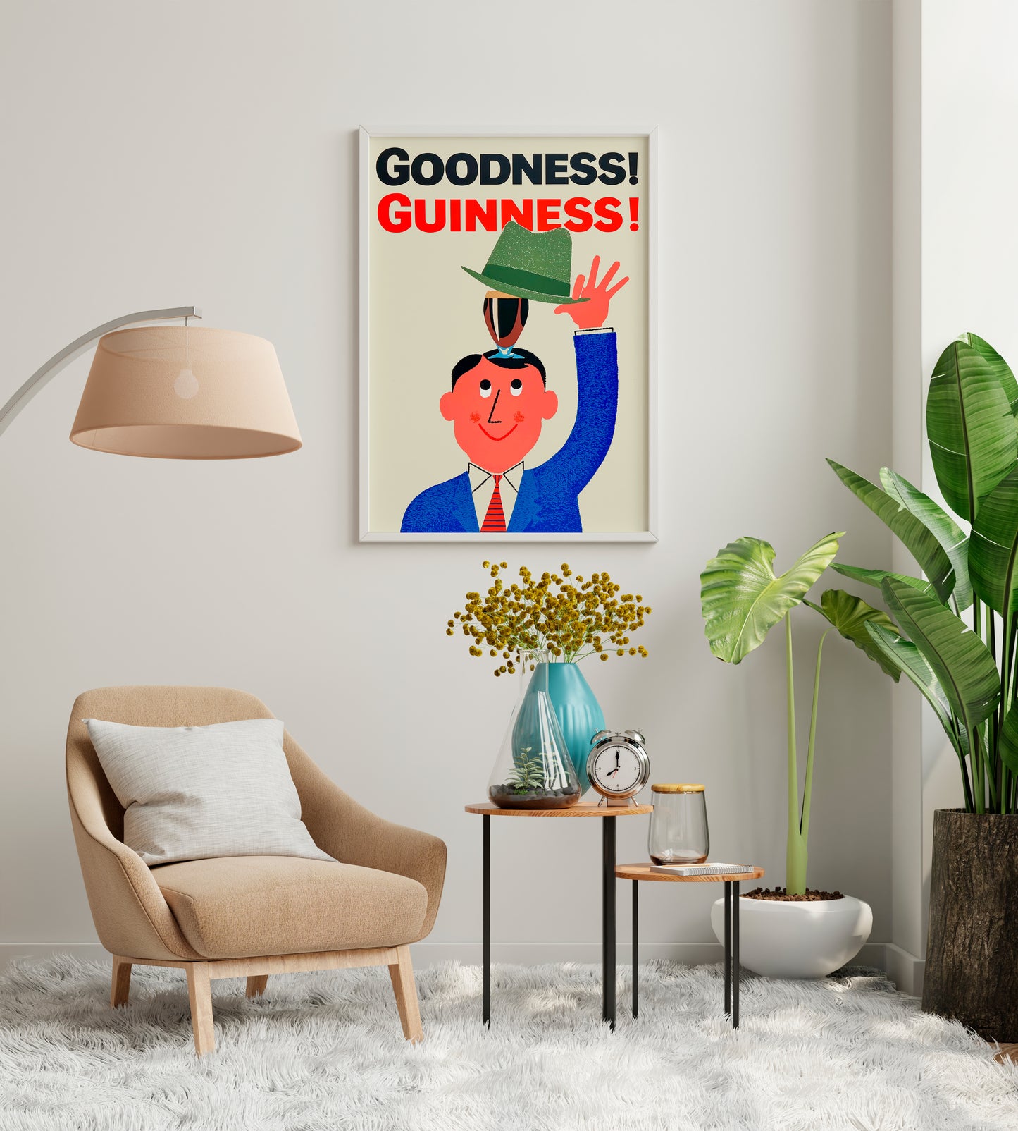 Guinness poster near bar cart area, retro beer print with bold typography