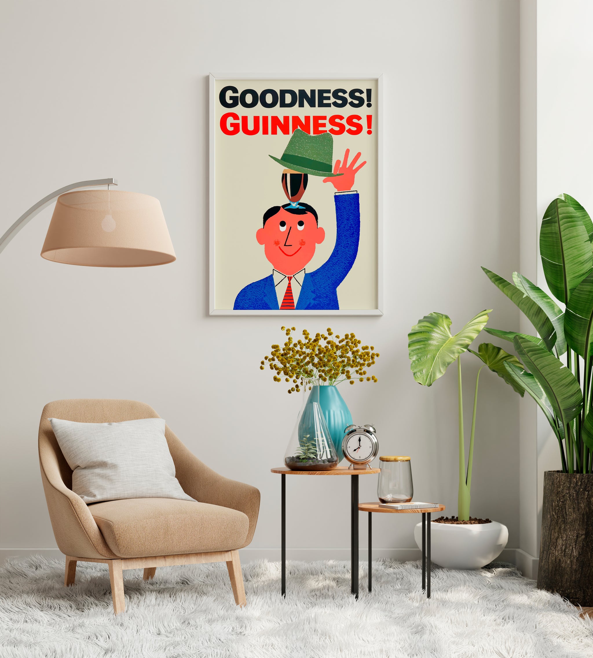 Guinness poster near bar cart area, retro beer print with bold typography
